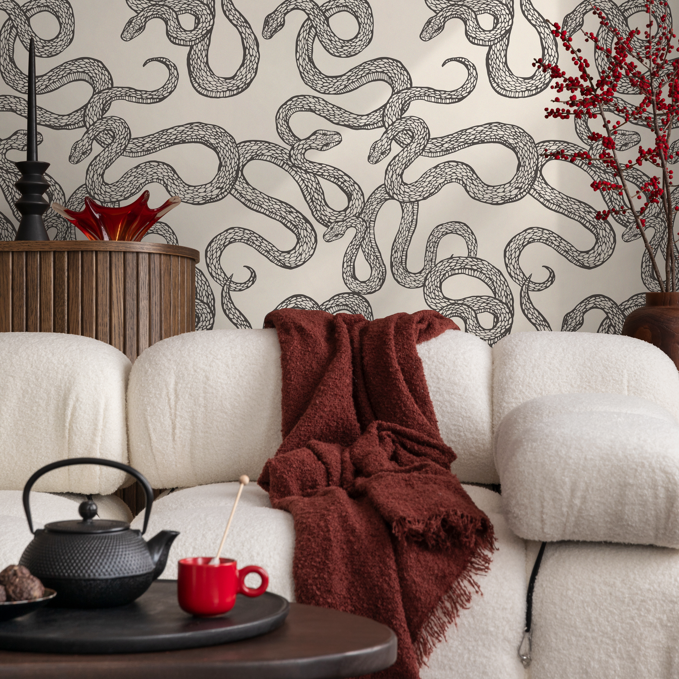 Snake Wallpaper With An Intricate Serpentine Motif In Gray And Black - C576