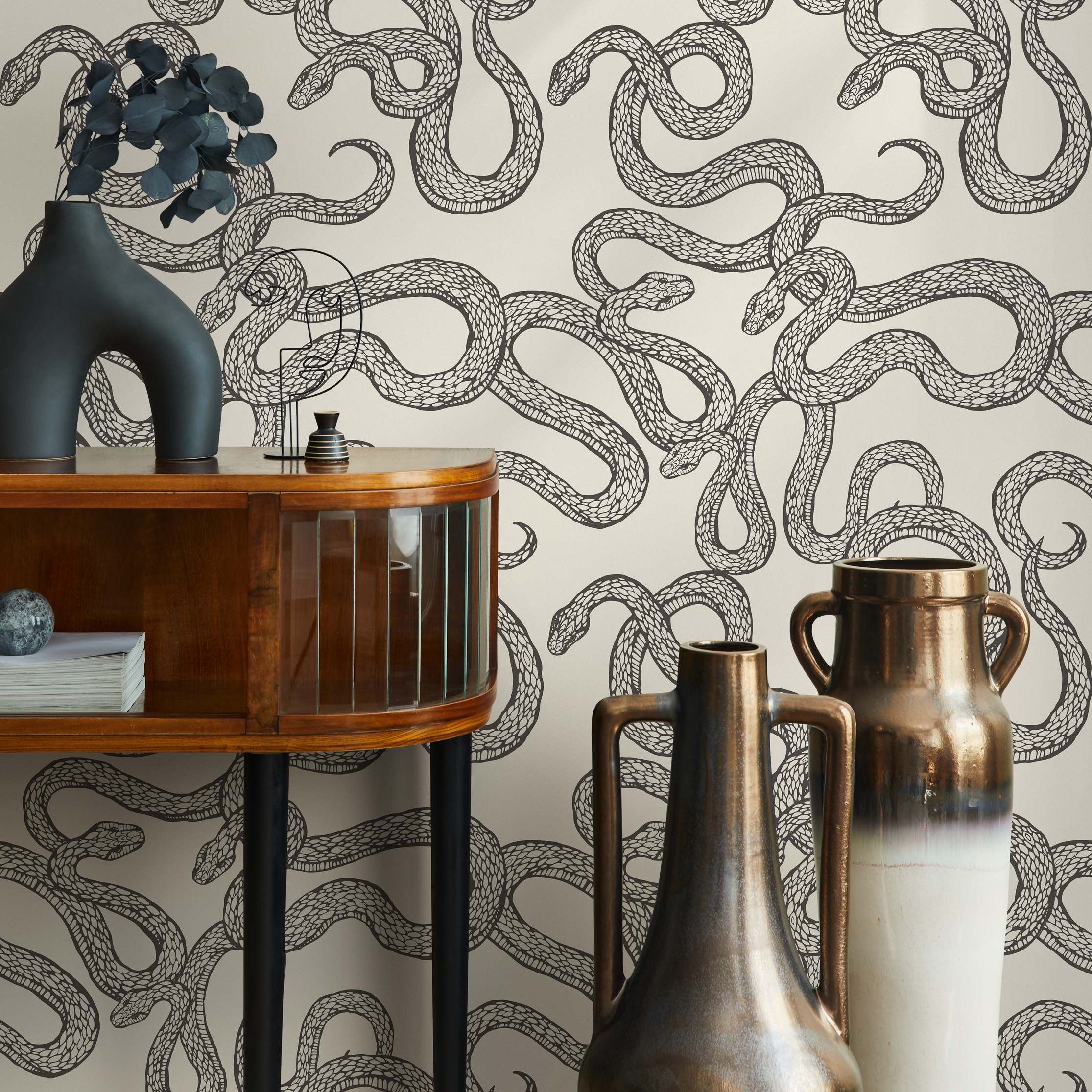Snake Wallpaper With An Intricate Serpentine Motif In Gray And Black - C576