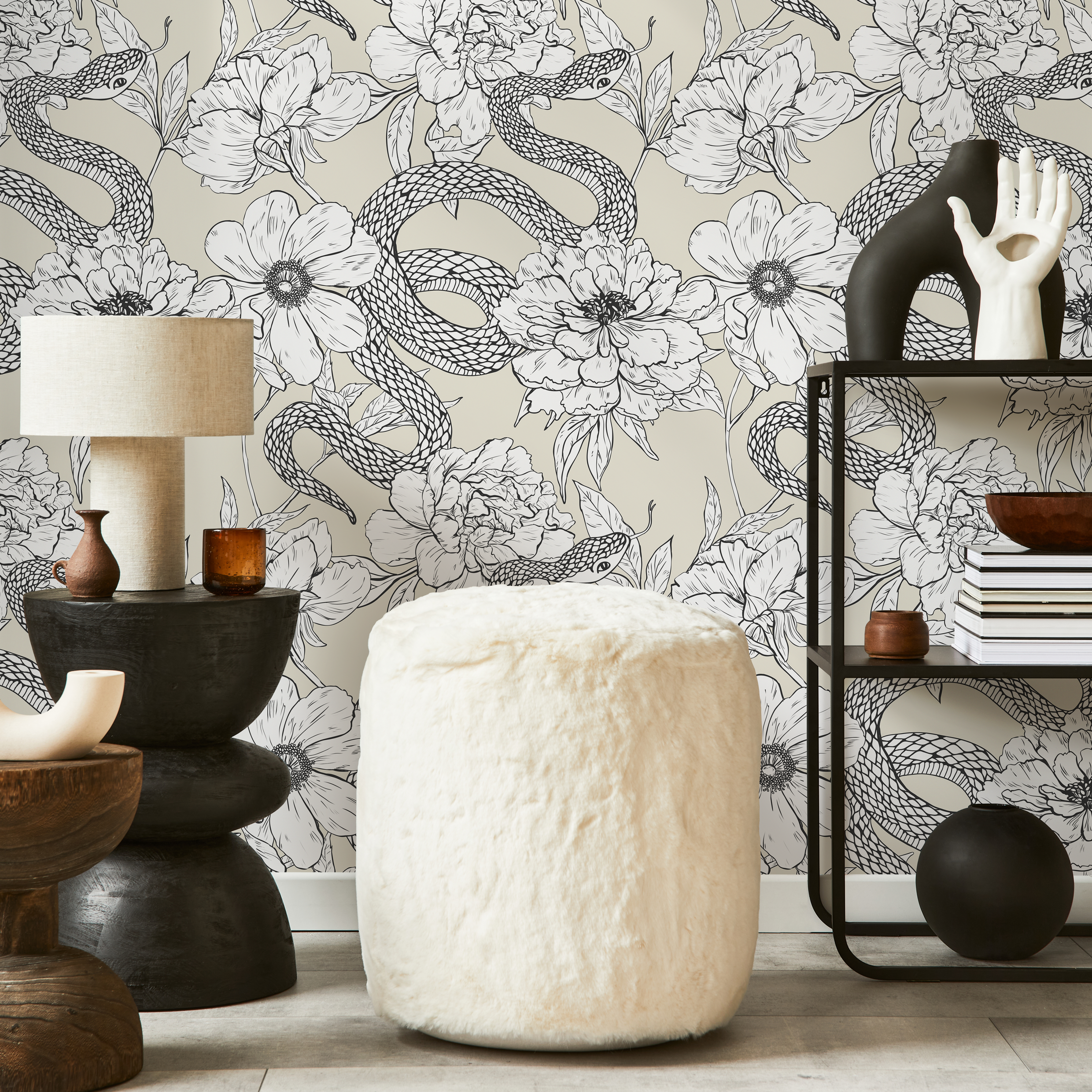 Gothic Wallpaper With A Snake And Peony Motif In Beige, Black, And White - C577