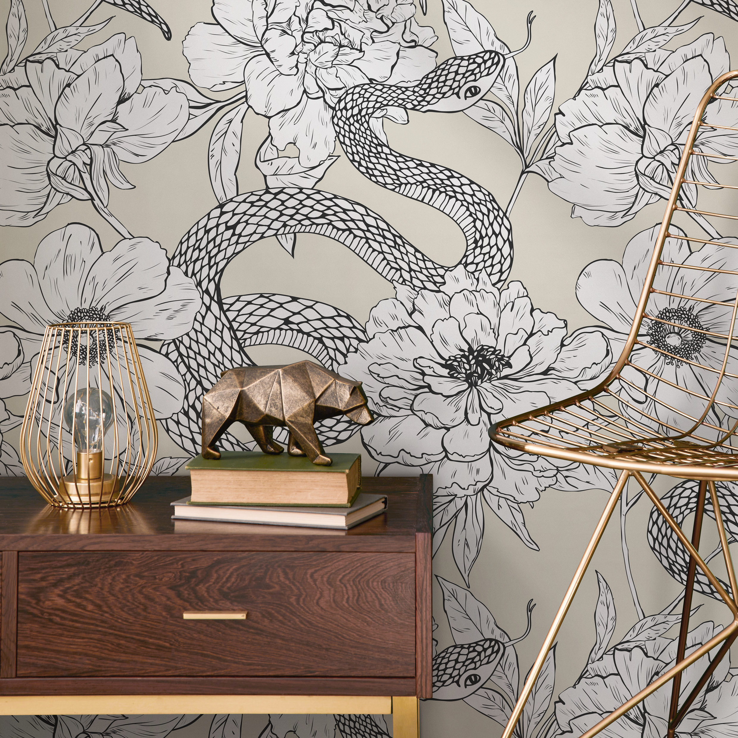 Gothic Wallpaper With A Snake And Peony Motif In Beige, Black, And White - C577
