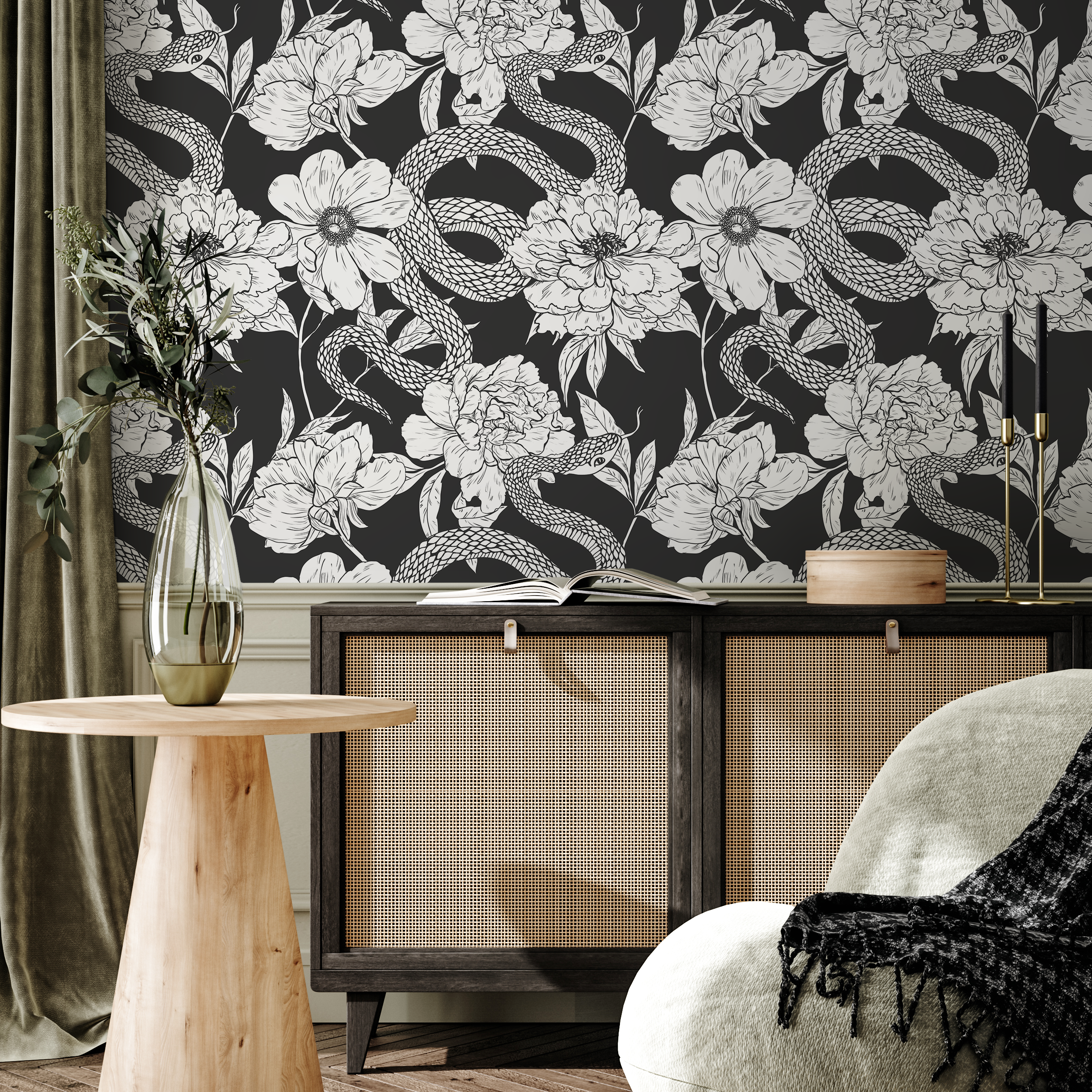 Animal Wallpaper With A Winding Serpent And Peony Motif In Gray And Black - C578