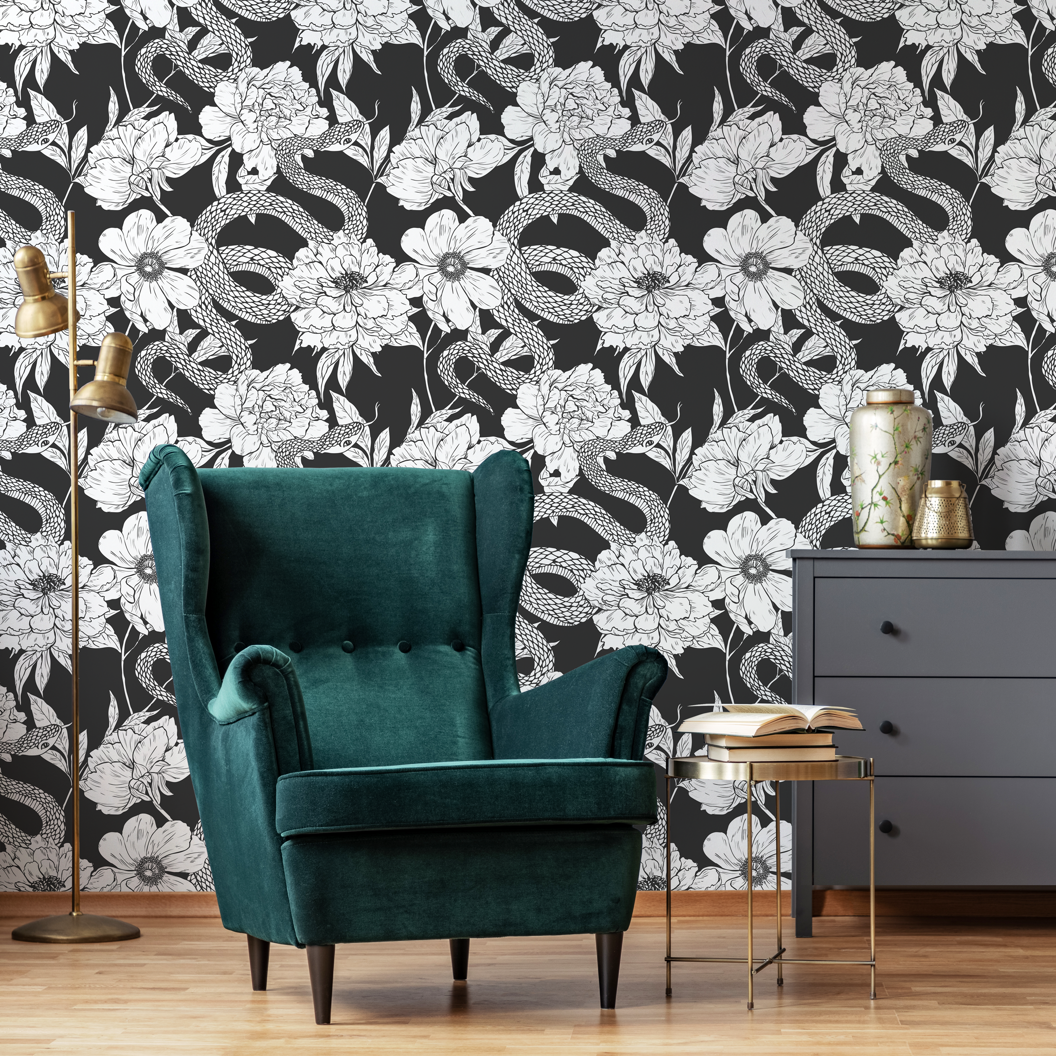 Animal Wallpaper With A Winding Serpent And Peony Motif In Gray And Black - C578