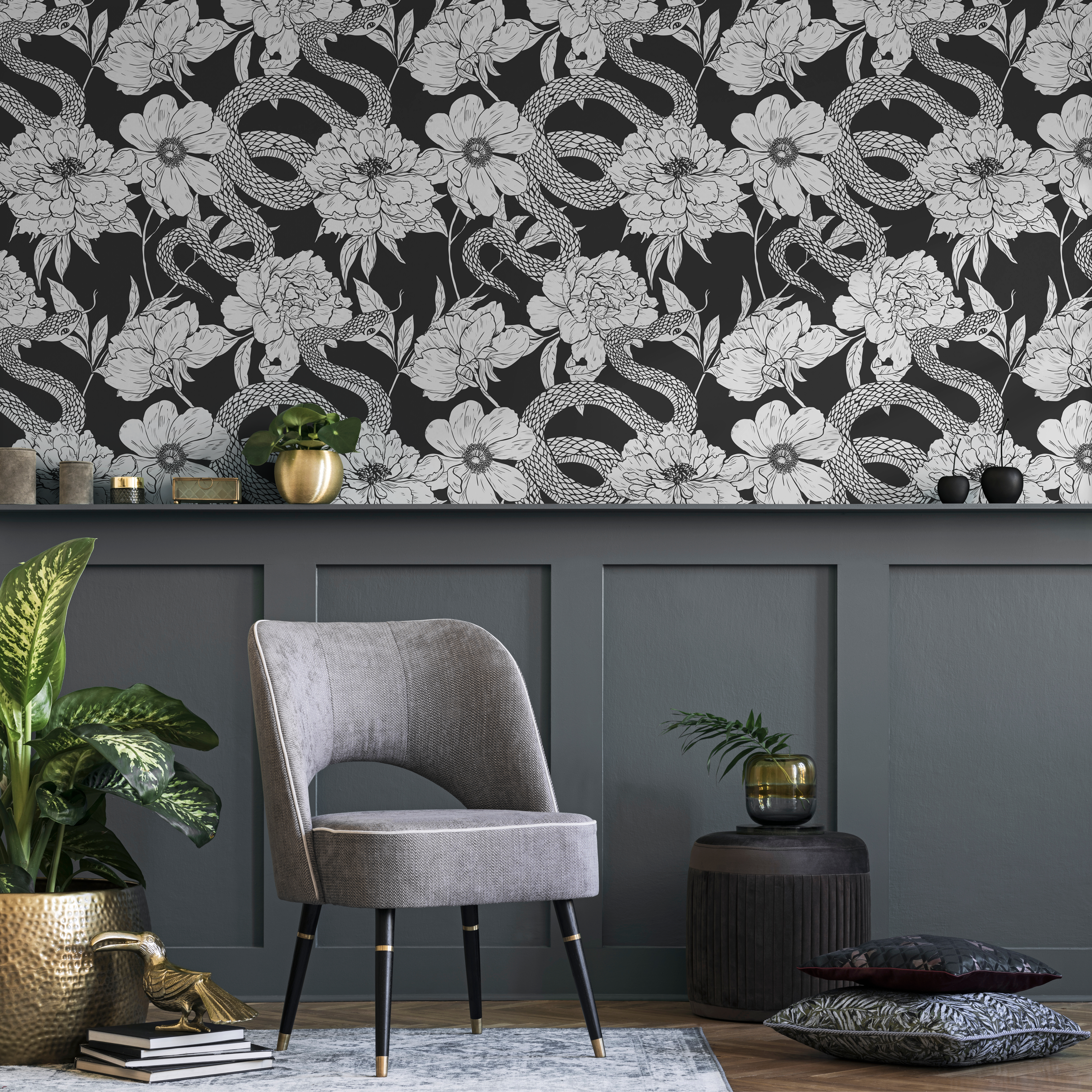 Animal Wallpaper With A Winding Serpent And Peony Motif In Gray And Black - C578