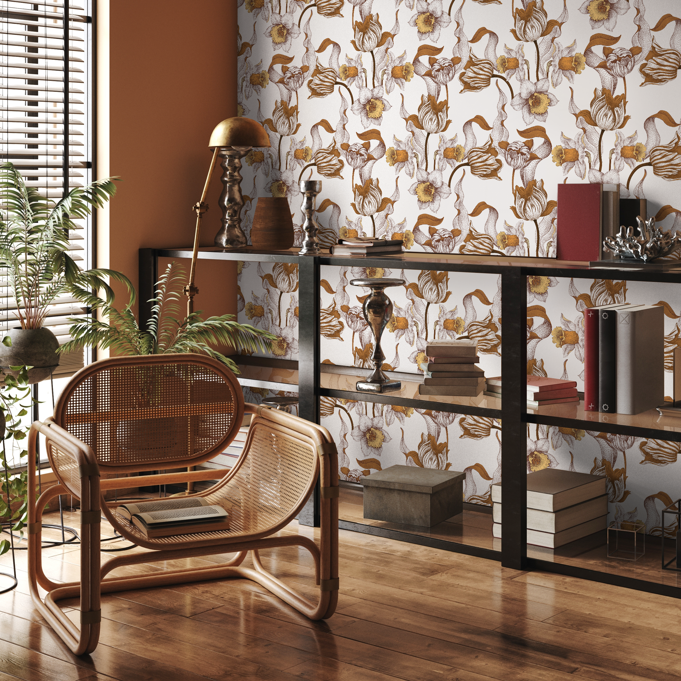 Floral Wallpaper With Pointillism Daffodils In Brown, Yellow, And Beige - C581