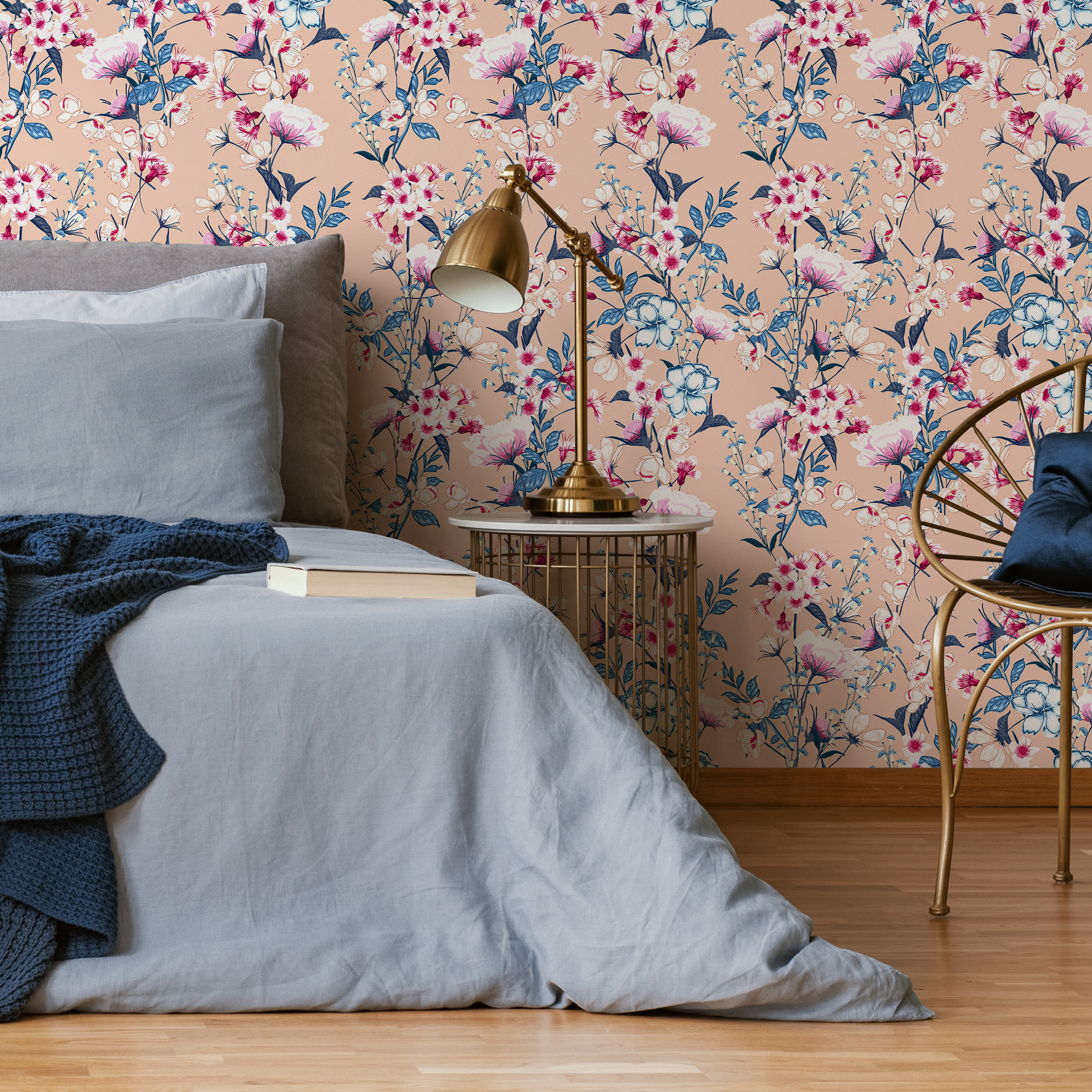 Floral Wallpaper With A Vintage Wildflower Motif In Pink, Blue, And Peach - C583