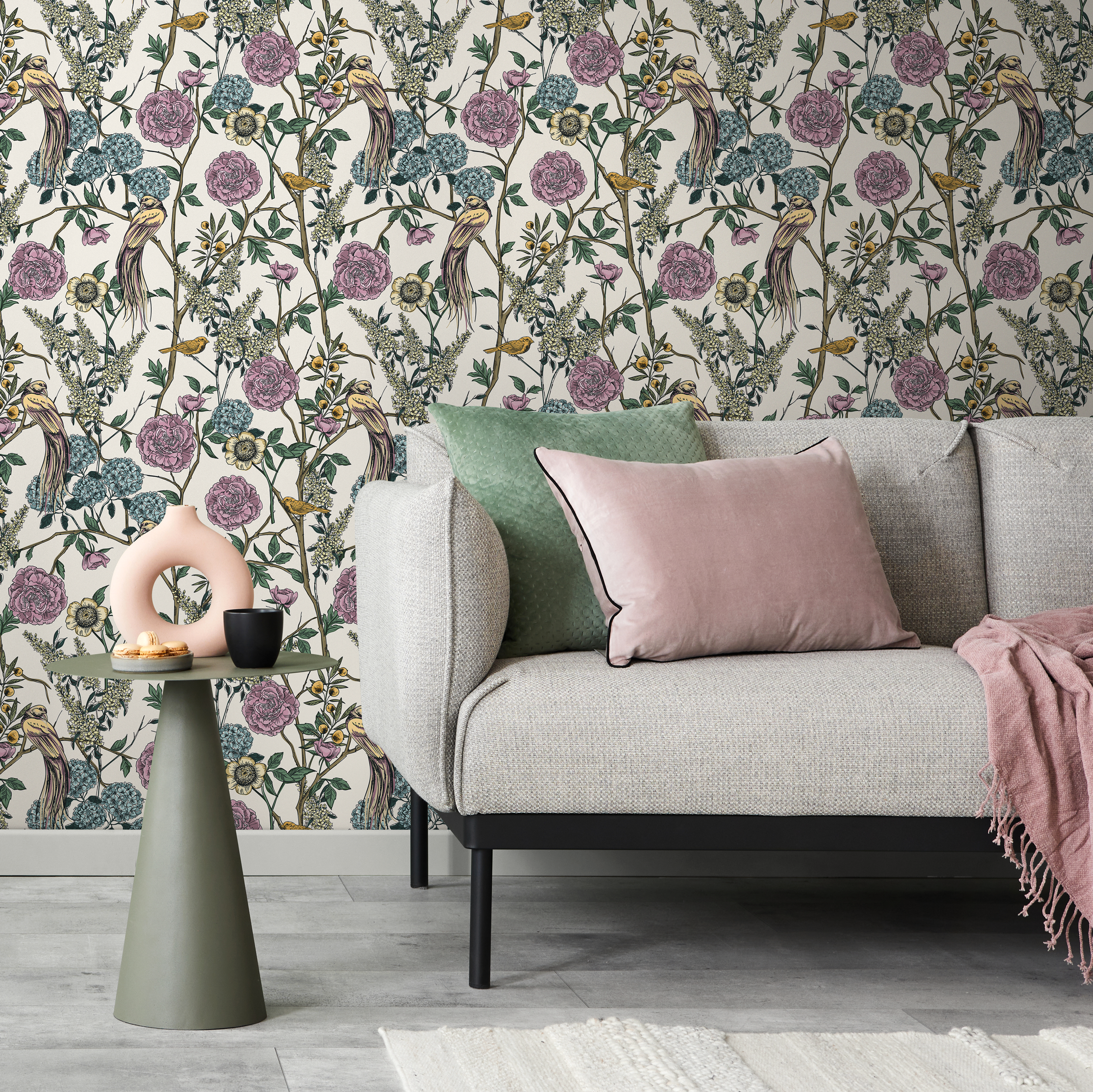 Chinoiserie Wallpaper With Exotic Birds And Blooms In Purple, Blue, And Yellow - C584