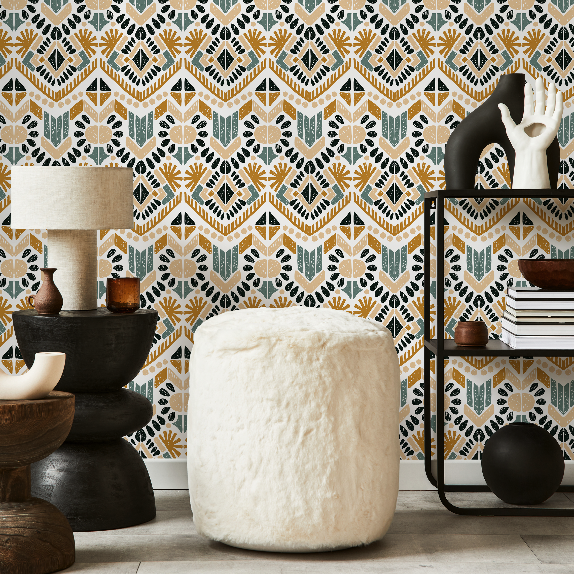 Geometric Wallpaper With A Boho Tribal Motif In Ochre, Teal, And Black - C585