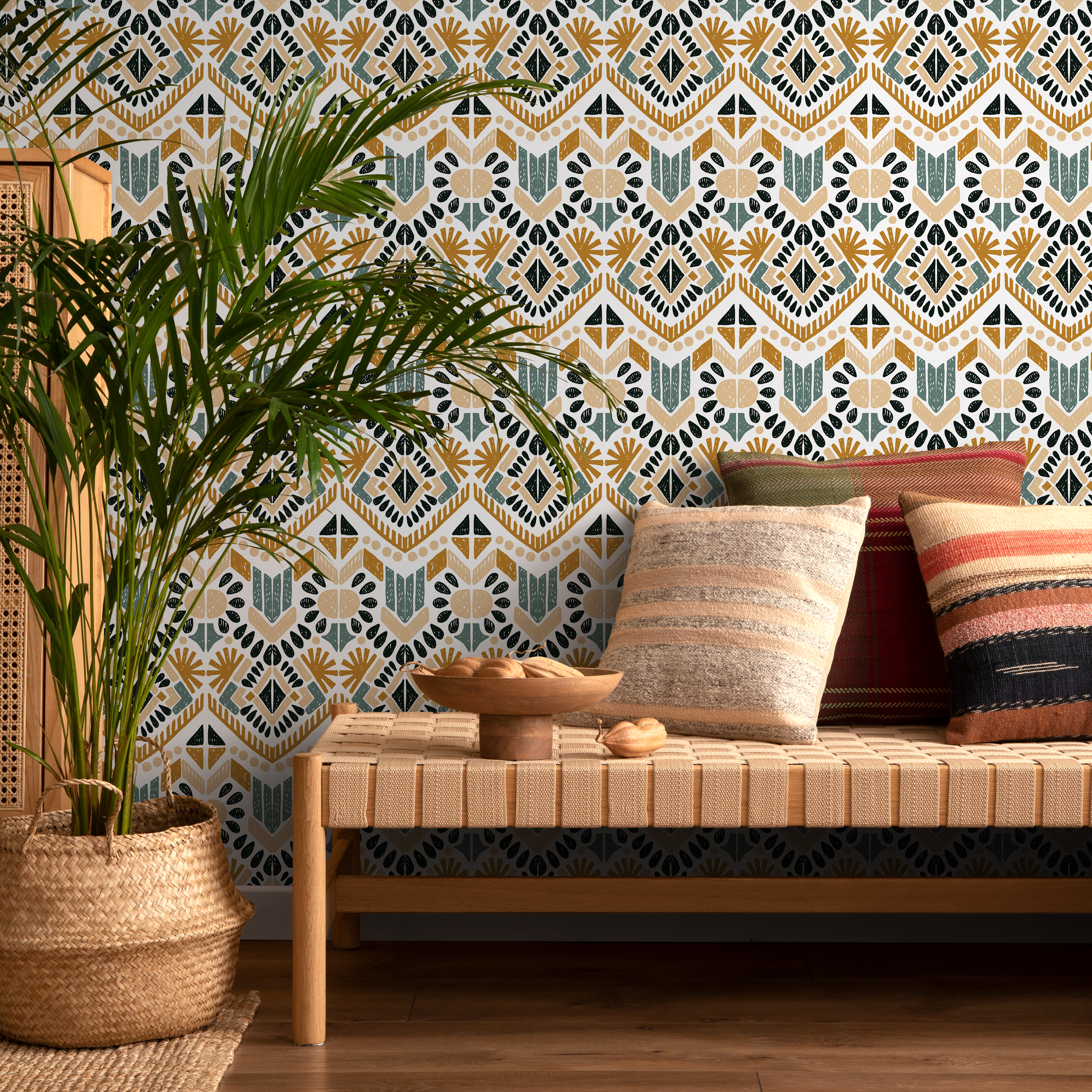 Geometric Wallpaper With A Boho Tribal Motif In Ochre, Teal, And Black - C585