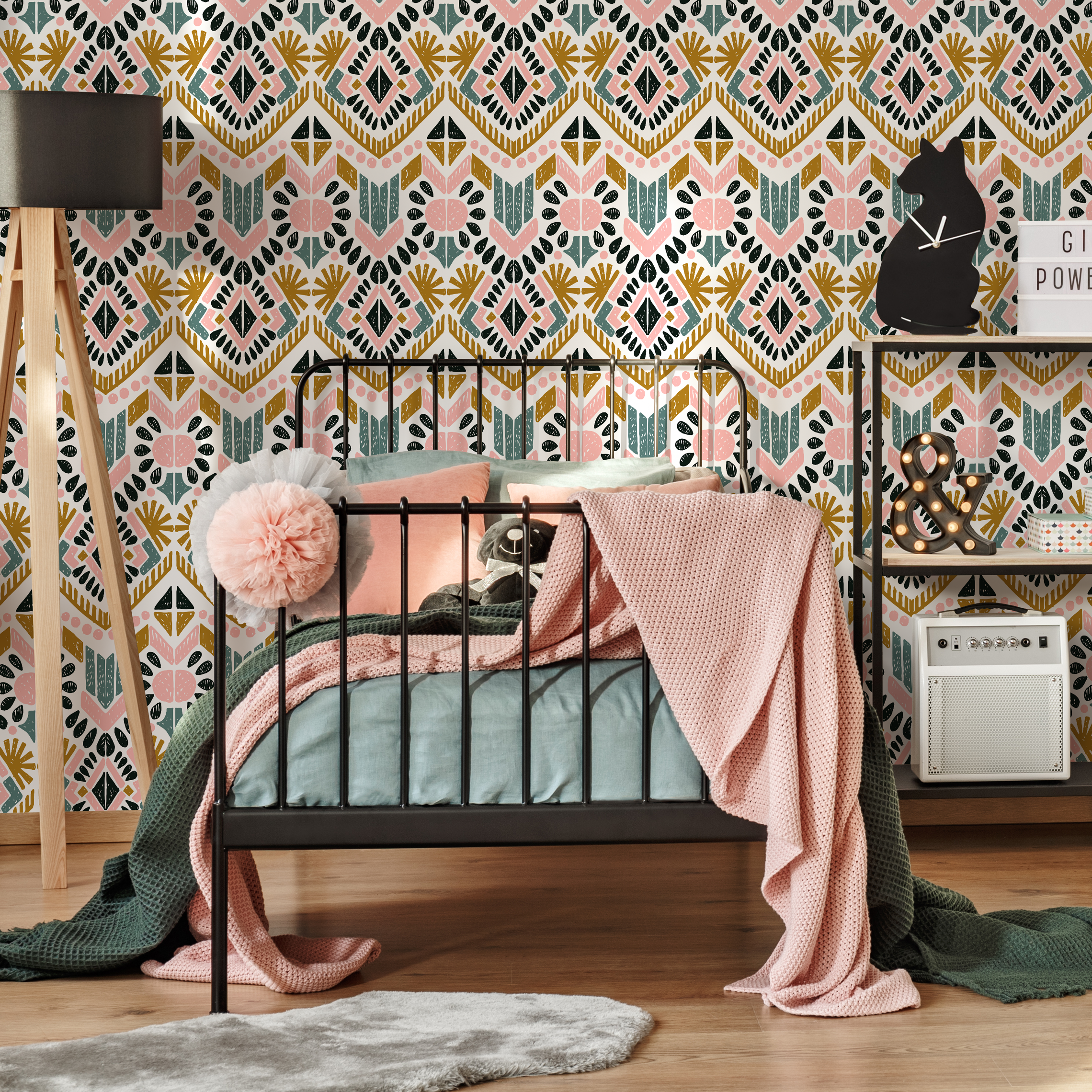 Boho Geometric Wallpaper With A Tribal Motif In Pink, Teal, And Ochre - C586
