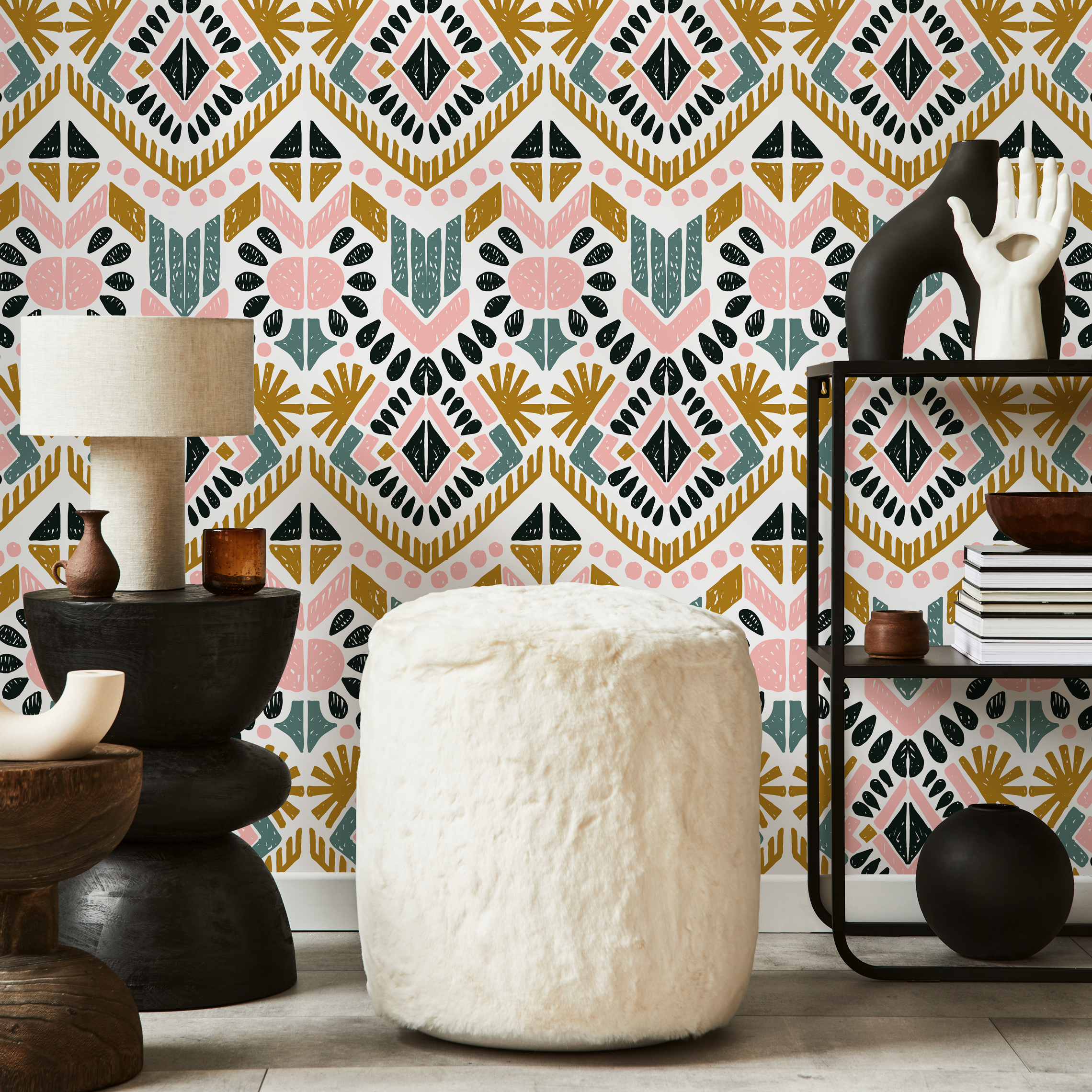 Boho Geometric Wallpaper With A Tribal Motif In Pink, Teal, And Ochre - C586