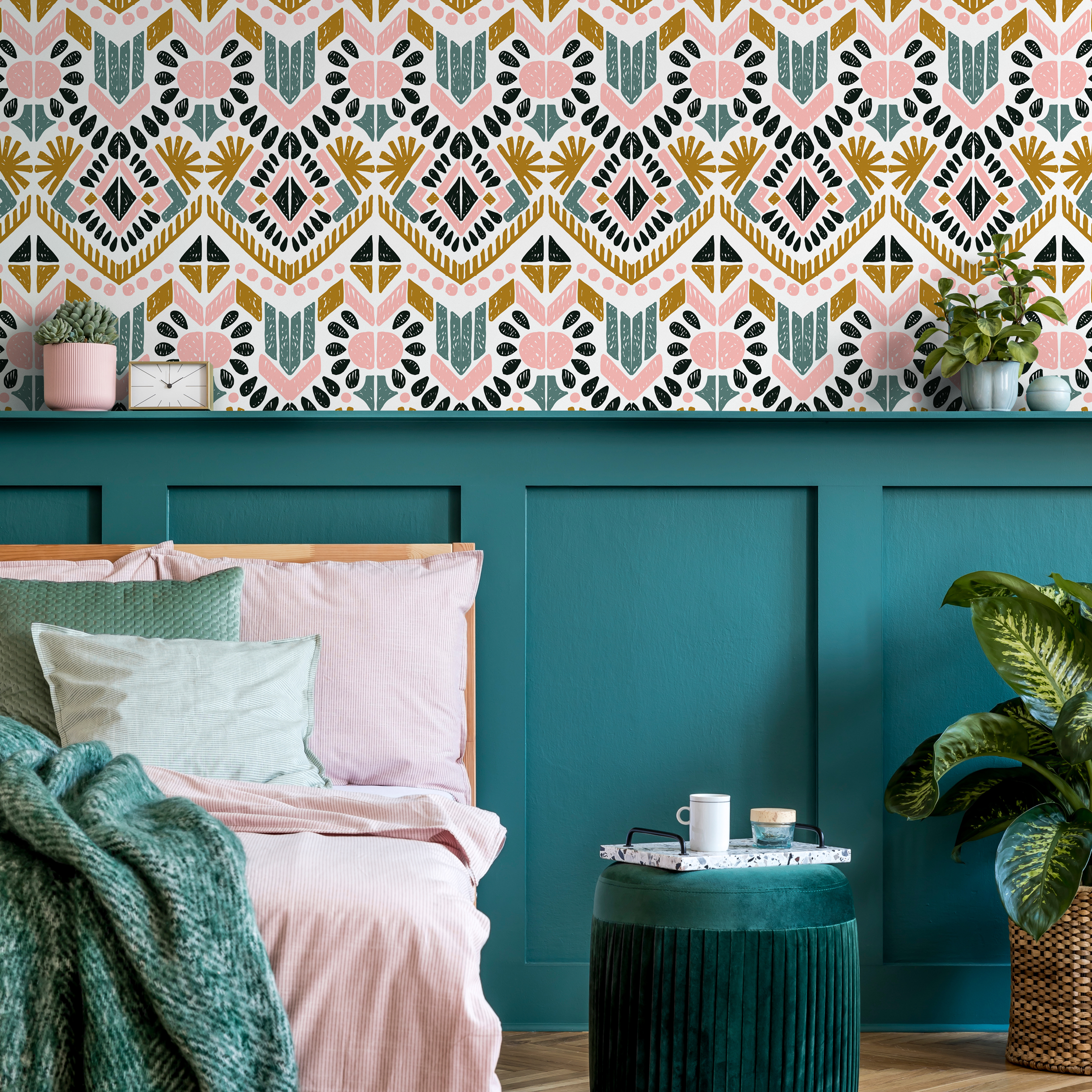 Boho Geometric Wallpaper With A Tribal Motif In Pink, Teal, And Ochre - C586