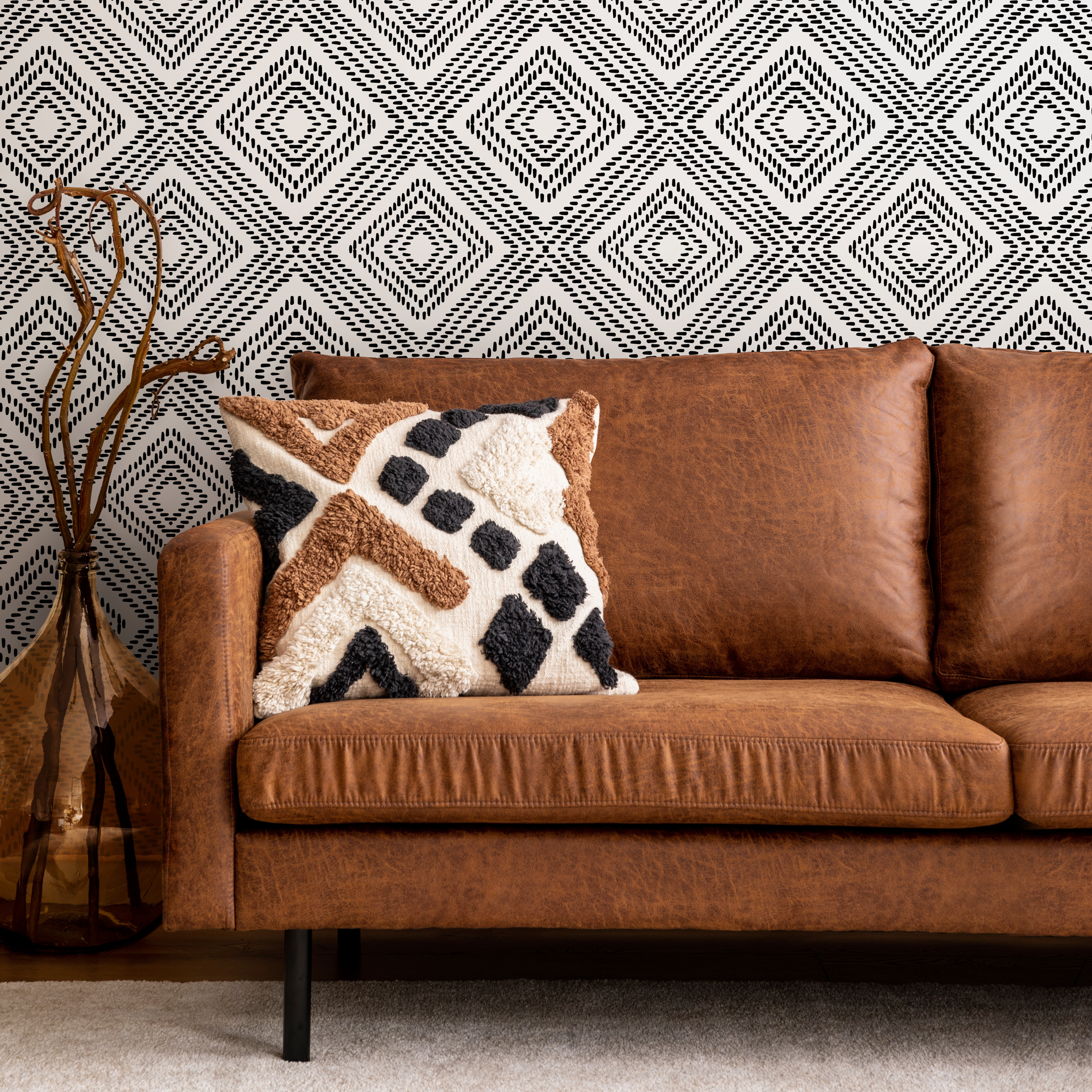 Geometric Wallpaper With A Dashed Diamond Motif In Black And White - C591