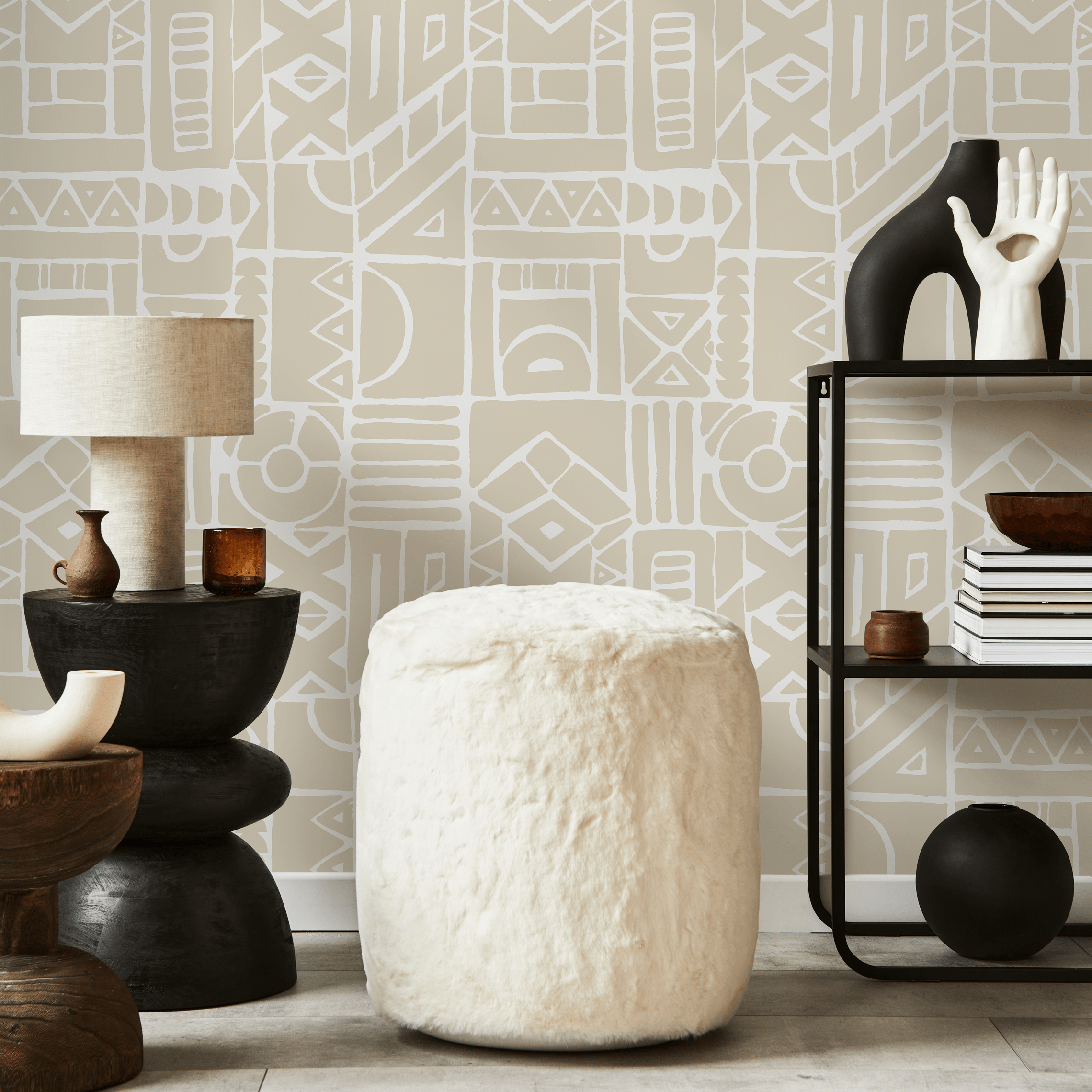 Geometric Wallpaper With A Tribal Block Print Motif In Beige And White - C592