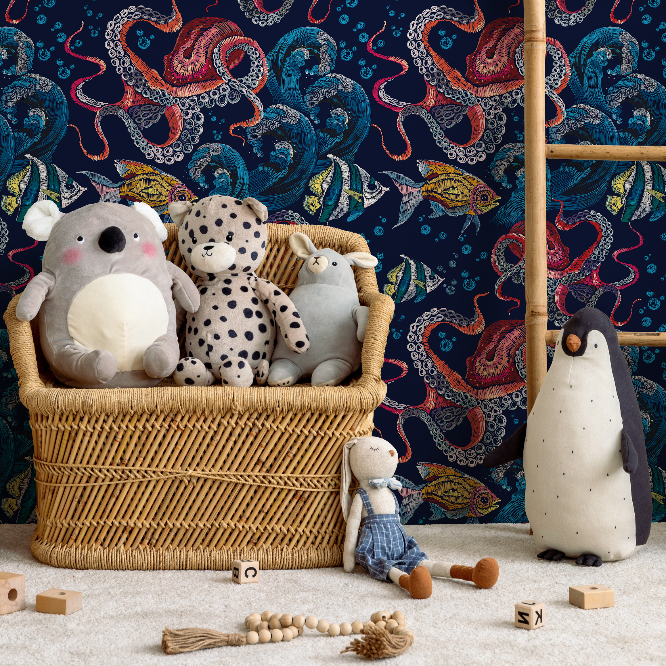 Coastal Wallpaper With An Embroidered Octopus And Fish In Blue, Red, And Yellow - C595