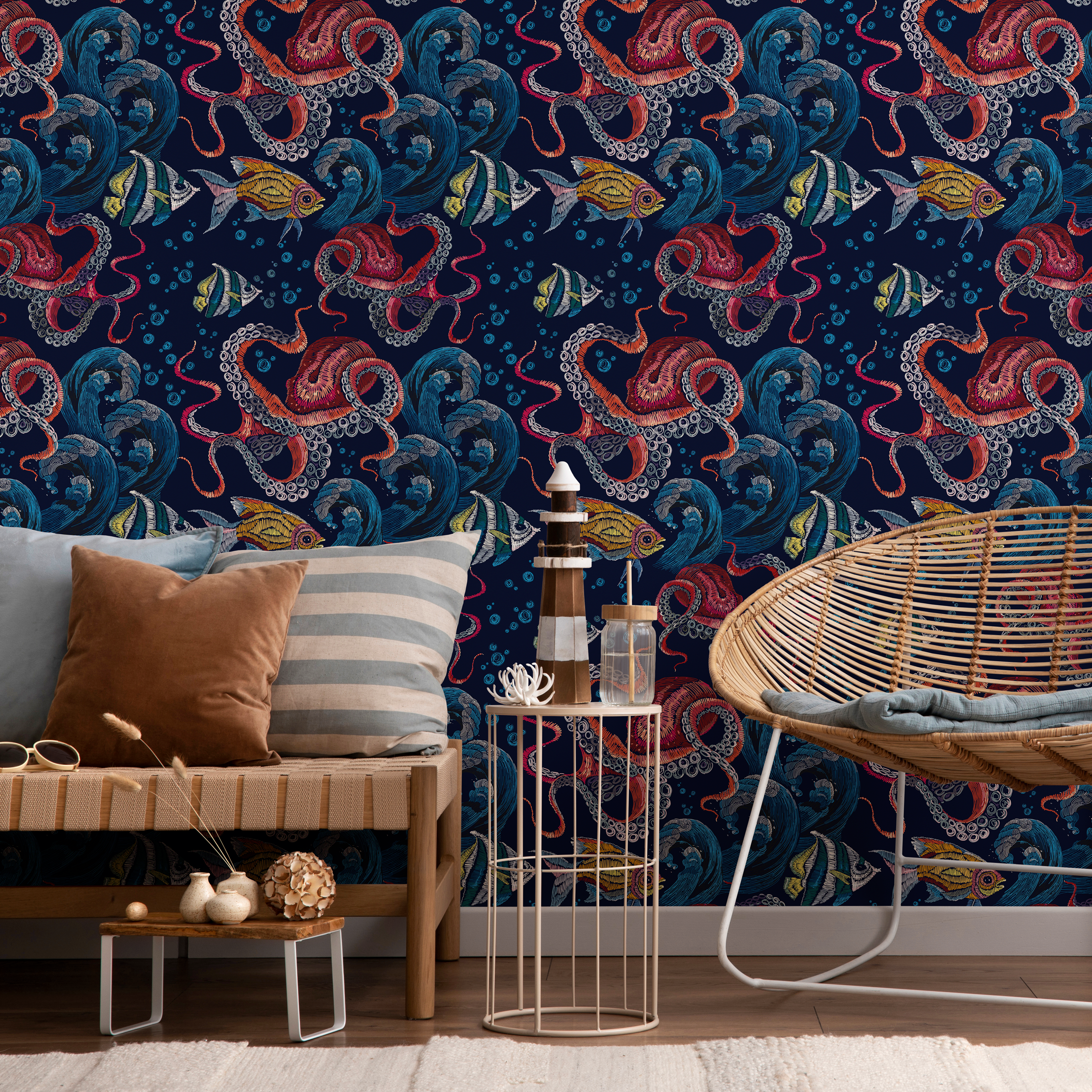 Coastal Wallpaper With An Embroidered Octopus And Fish In Blue, Red, And Yellow - C595