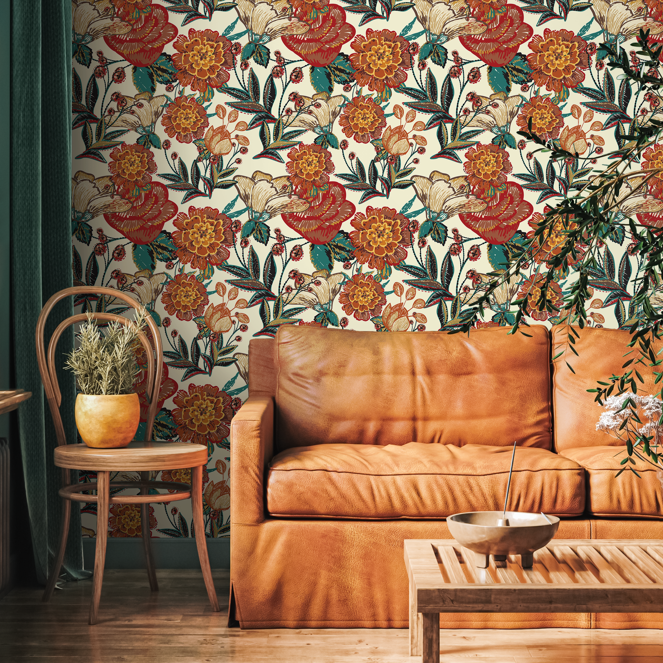 Vintage Floral Wallpaper With An Embroidered Style In Red, Orange, And Teal - C596