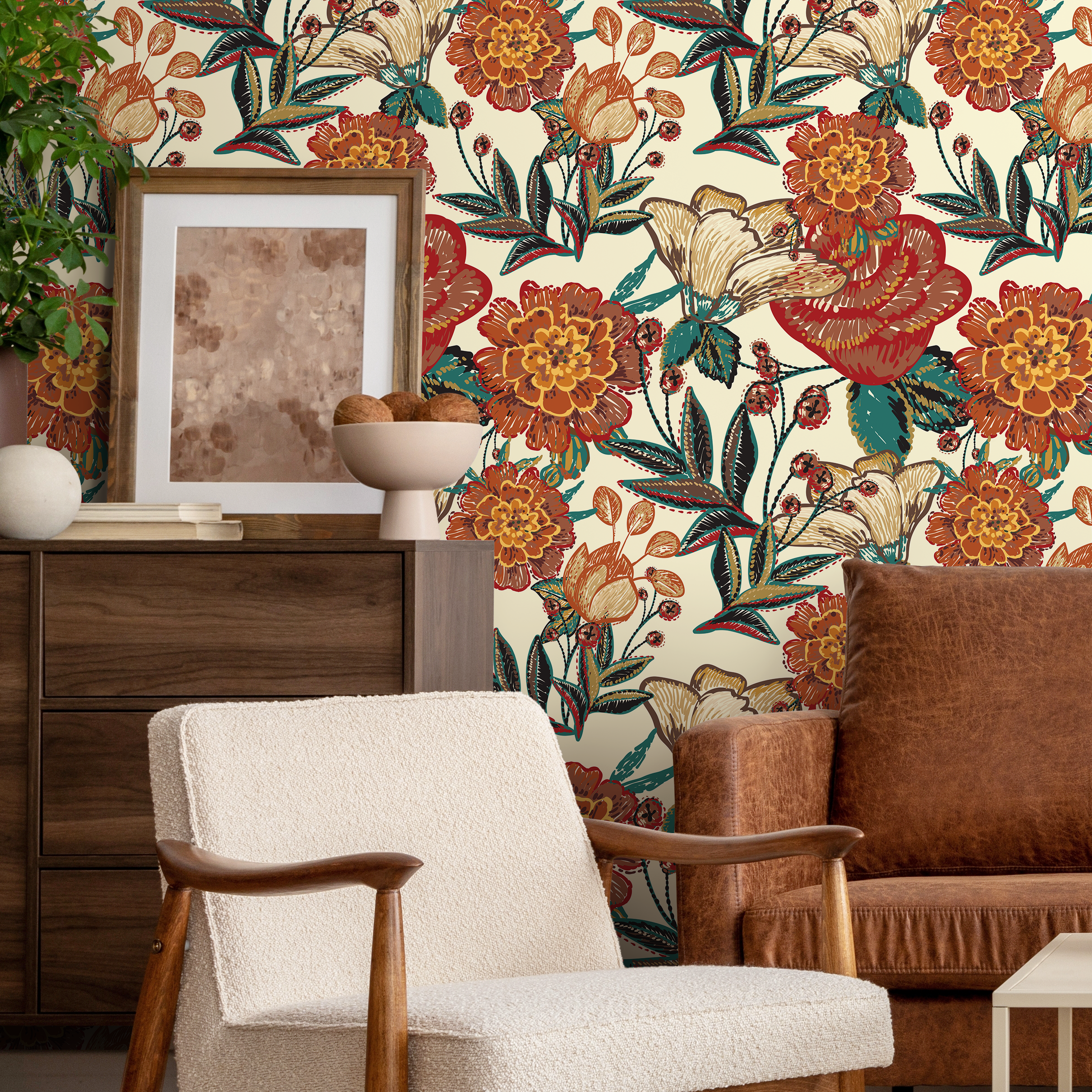 Vintage Floral Wallpaper With An Embroidered Style In Red, Orange, And Teal - C596
