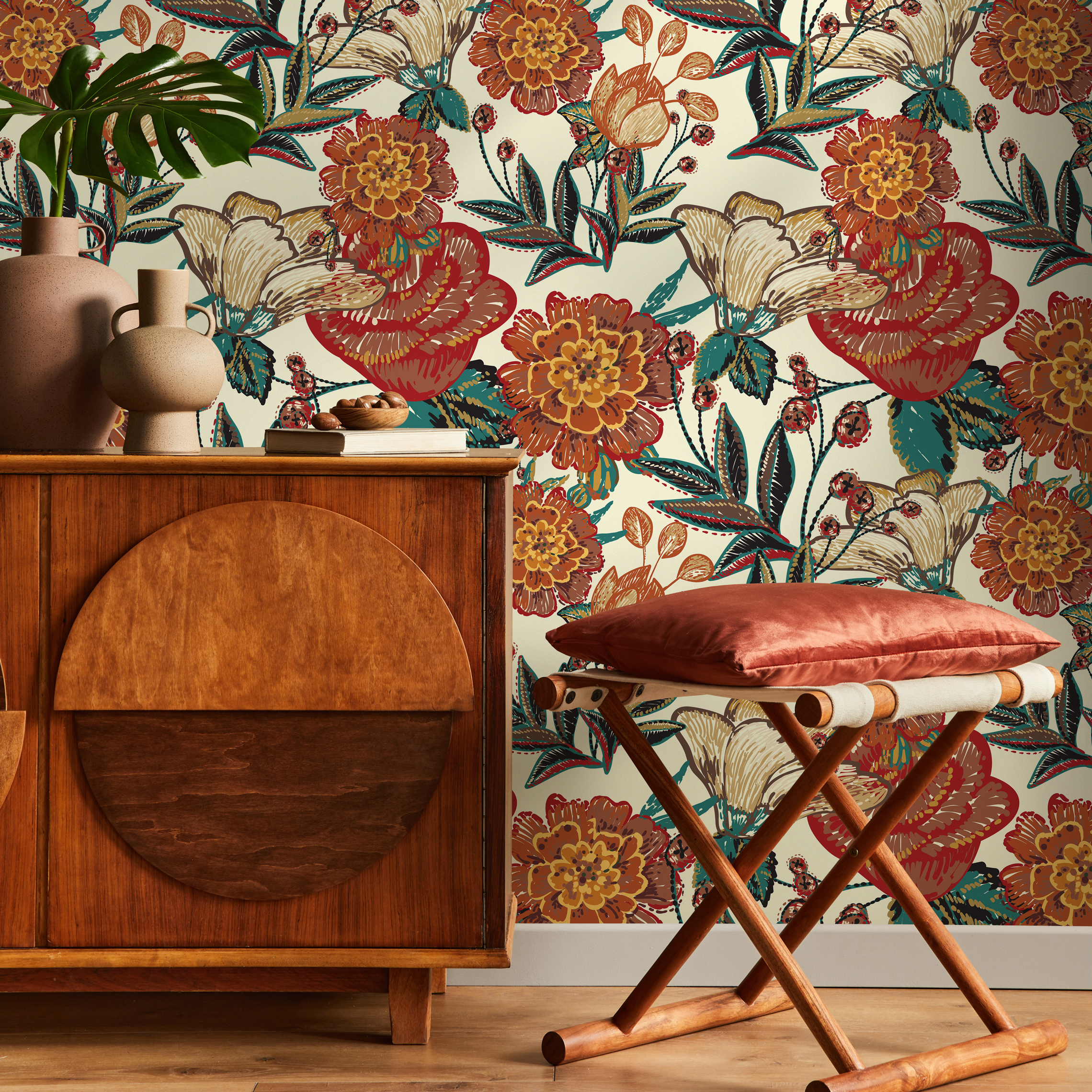 Vintage Floral Wallpaper With An Embroidered Style In Red, Orange, And Teal - C596
