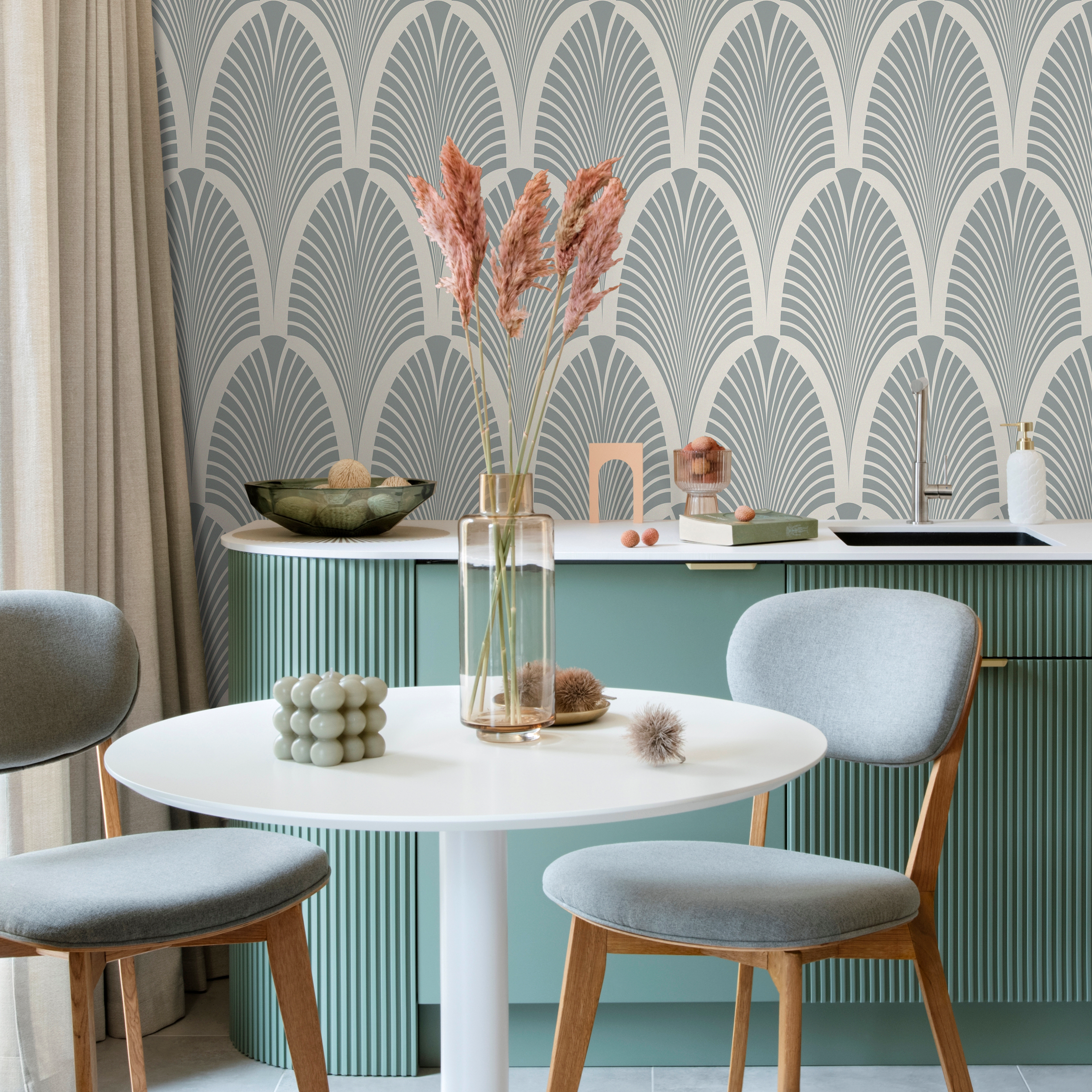 Art Deco Wallpaper With A Stylized Fan Motif In Sage Green And Beige - C598