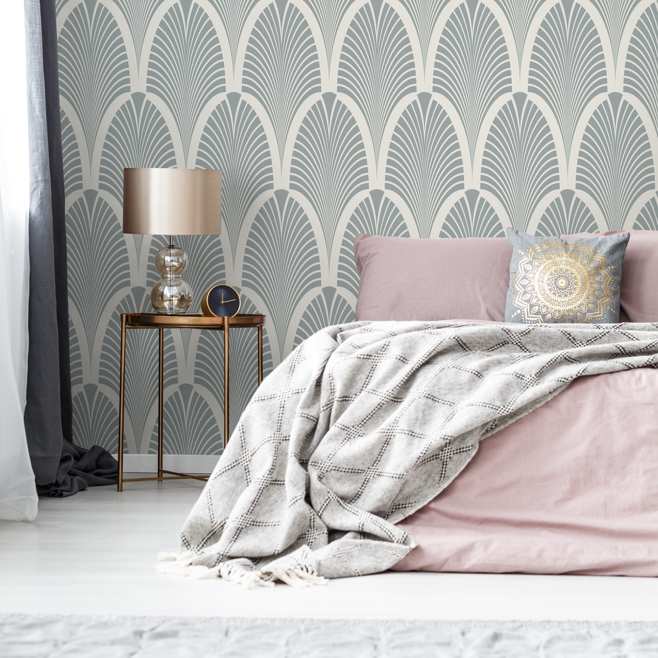 Art Deco Wallpaper With A Stylized Fan Motif In Sage Green And Beige - C598