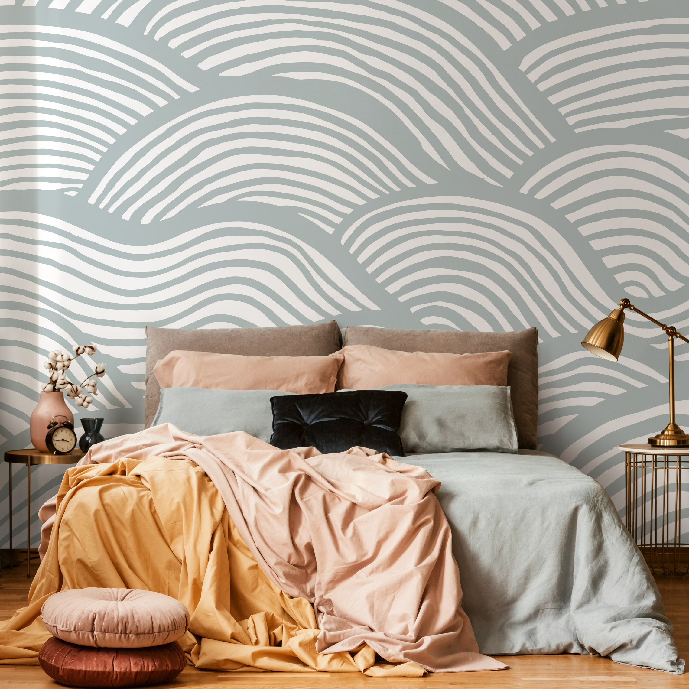 Coastal Wallpaper Featuring Abstract Rolling Waves In Pale Blue And White - C599
