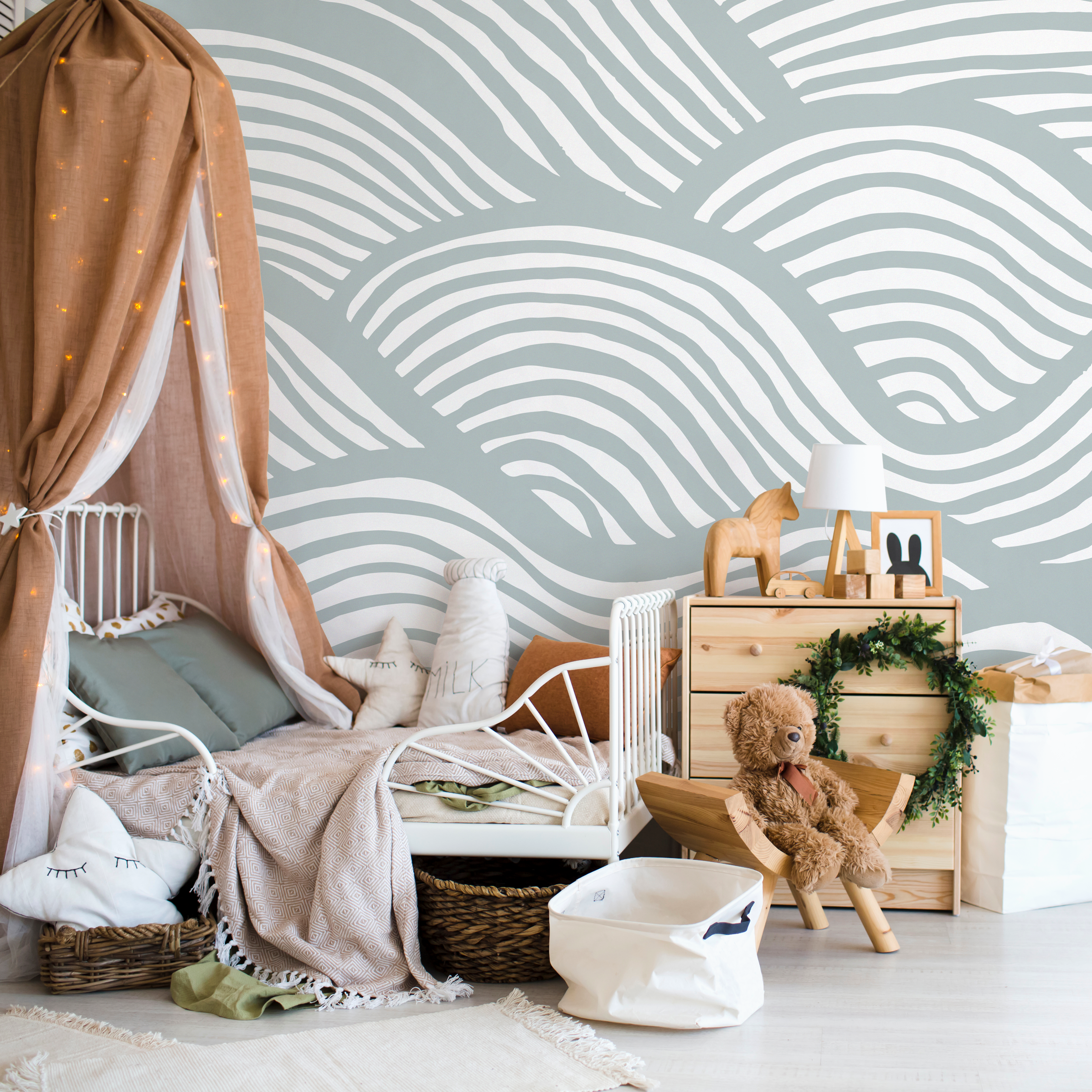 Coastal Wallpaper Featuring Abstract Rolling Waves In Pale Blue And White - C599
