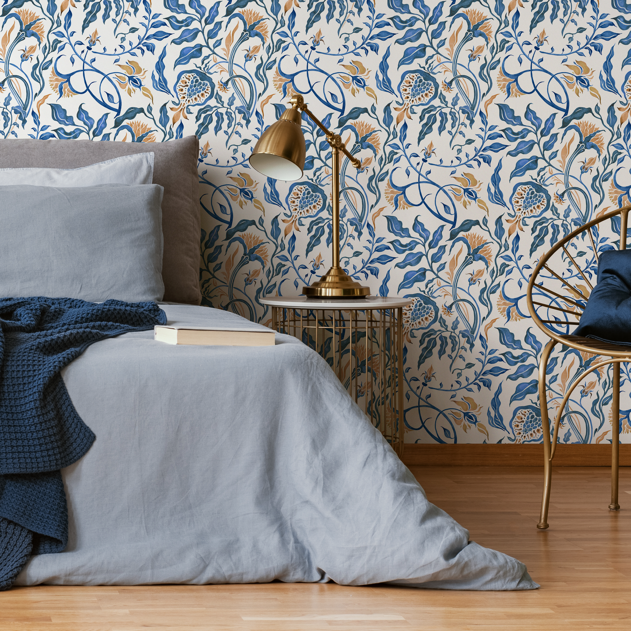 Vintage Wallpaper Featuring Art Nouveau Floral Vines In Blue And Gold - C600