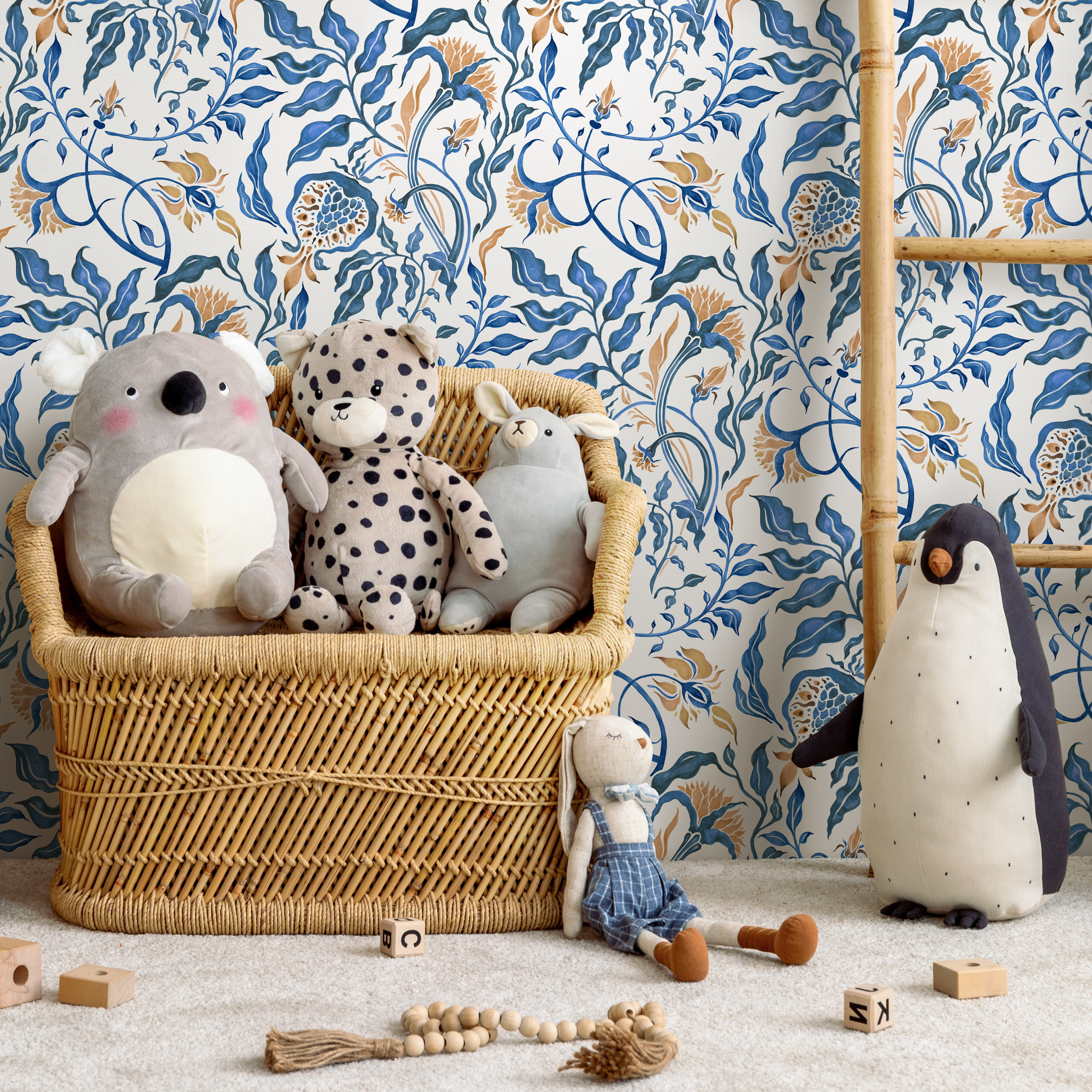 Vintage Wallpaper Featuring Art Nouveau Floral Vines In Blue And Gold - C600