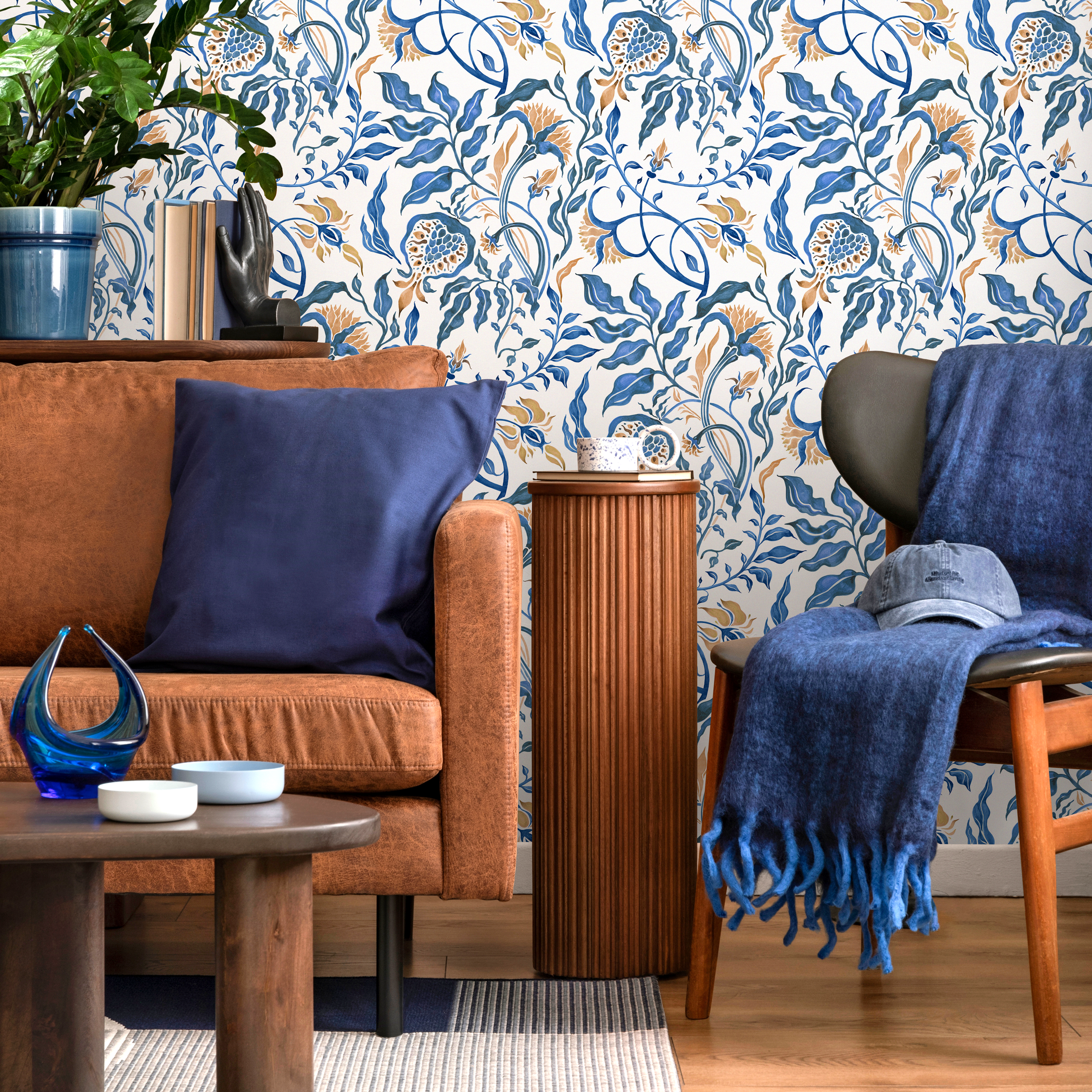 Vintage Wallpaper Featuring Art Nouveau Floral Vines In Blue And Gold - C600