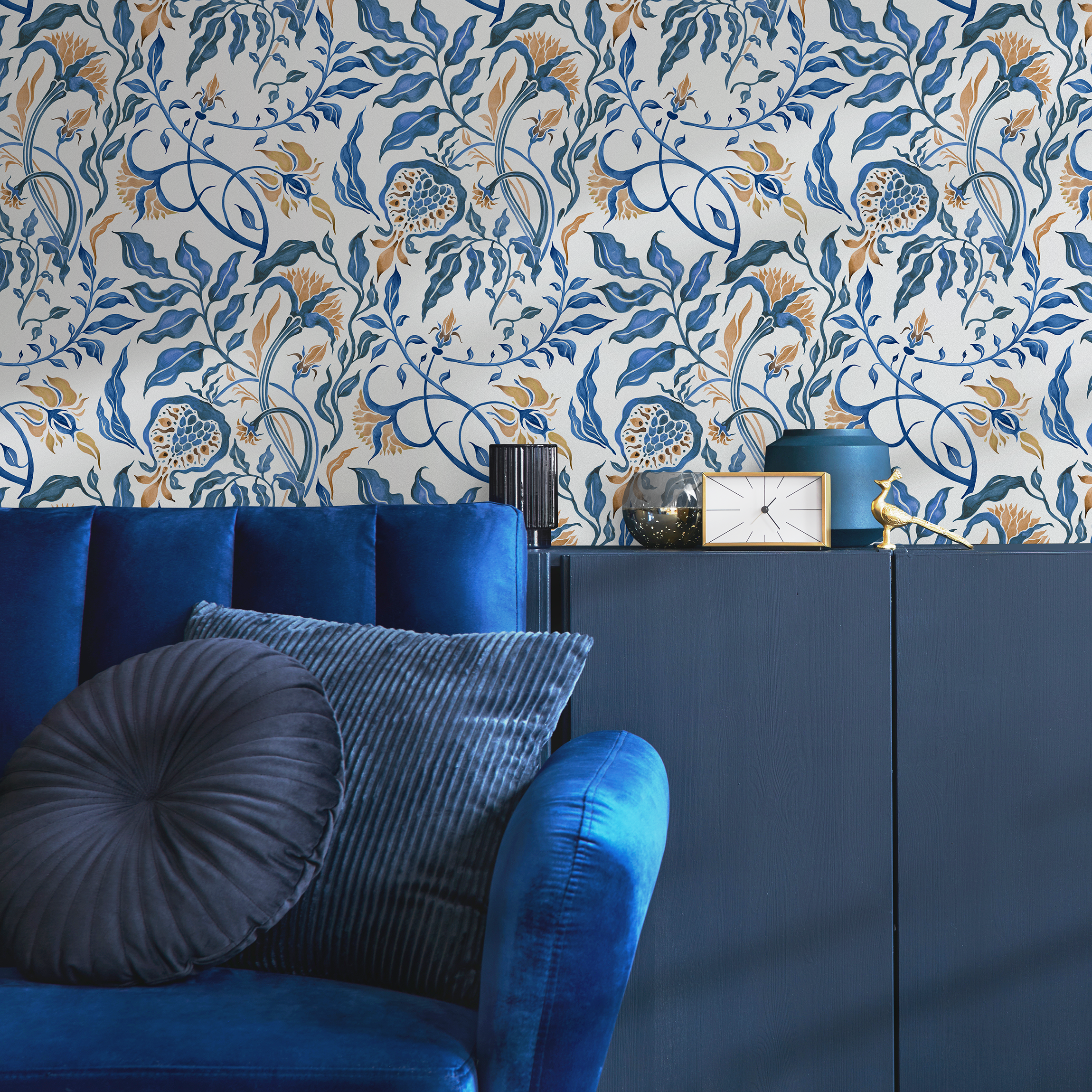 Vintage Wallpaper Featuring Art Nouveau Floral Vines In Blue And Gold - C600