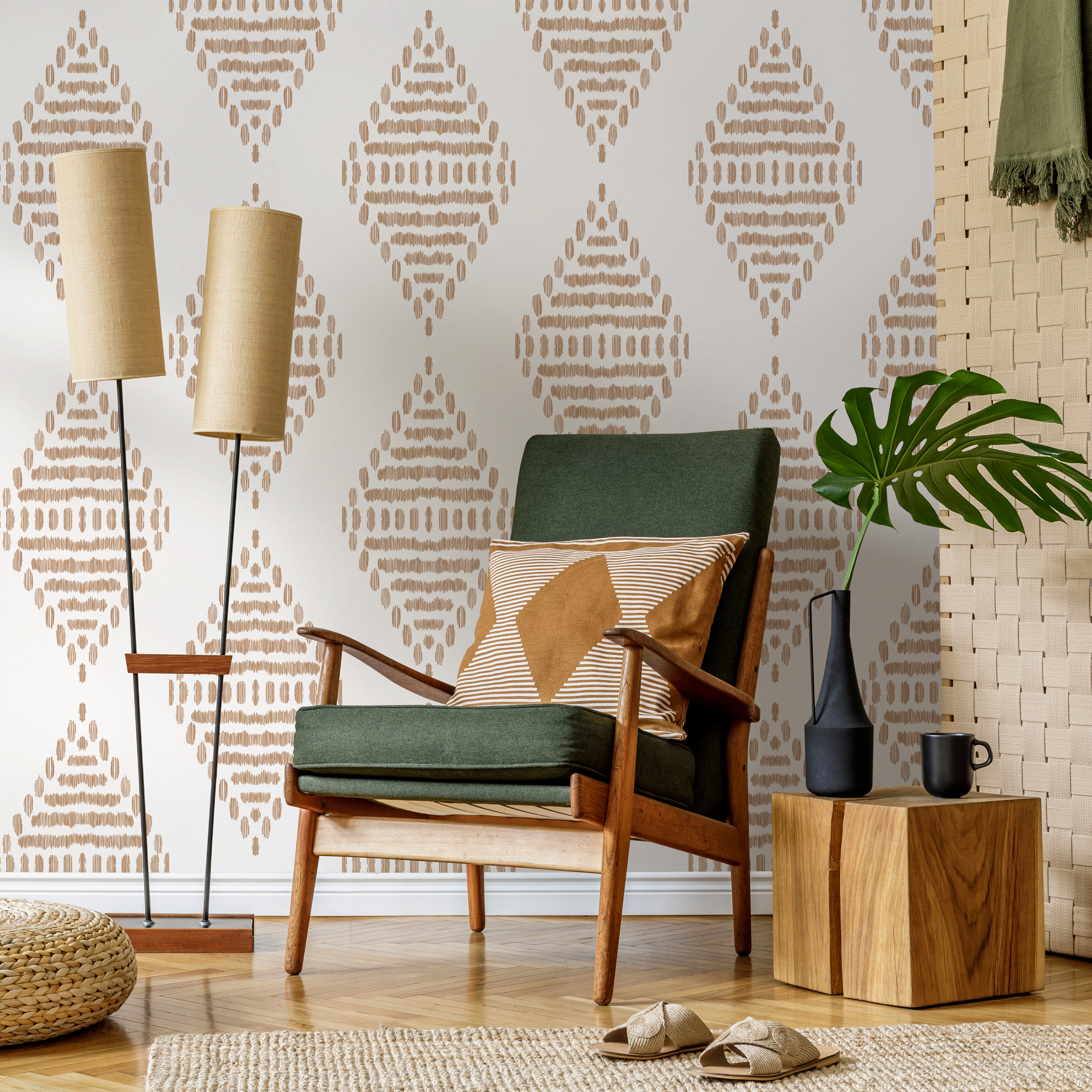 Geometric Wallpaper With Sketched Diamond Motifs In Light Brown - C602