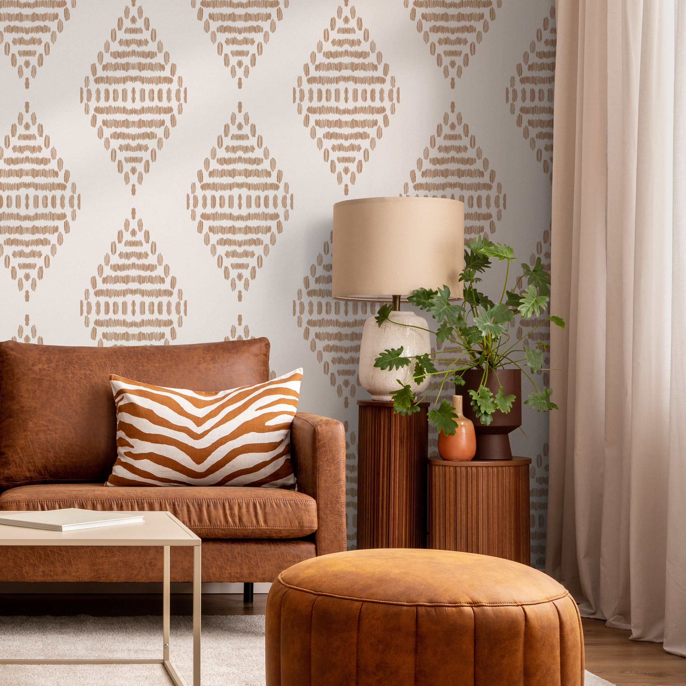 Geometric Wallpaper With Sketched Diamond Motifs In Light Brown - C602