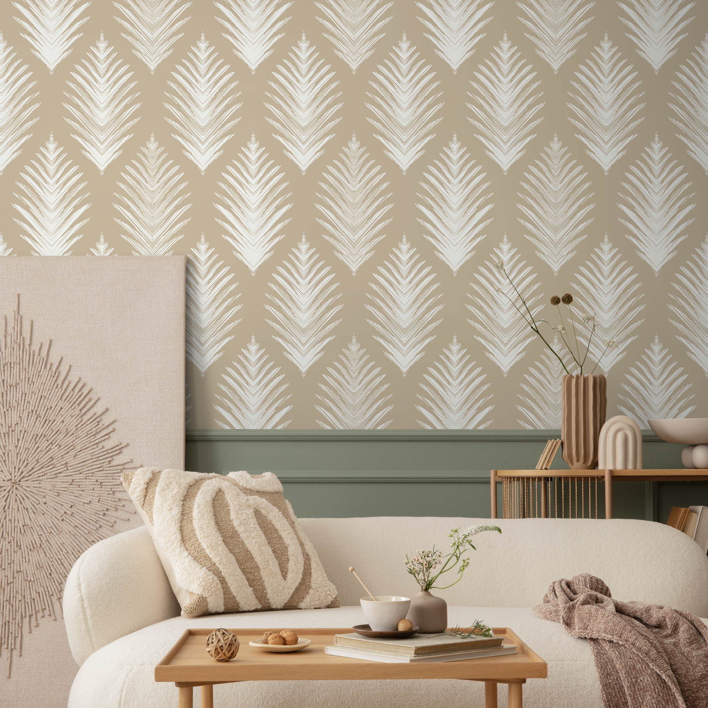 Botanical Wallpaper With An Abstract Leaf Motif In Beige And White - C604