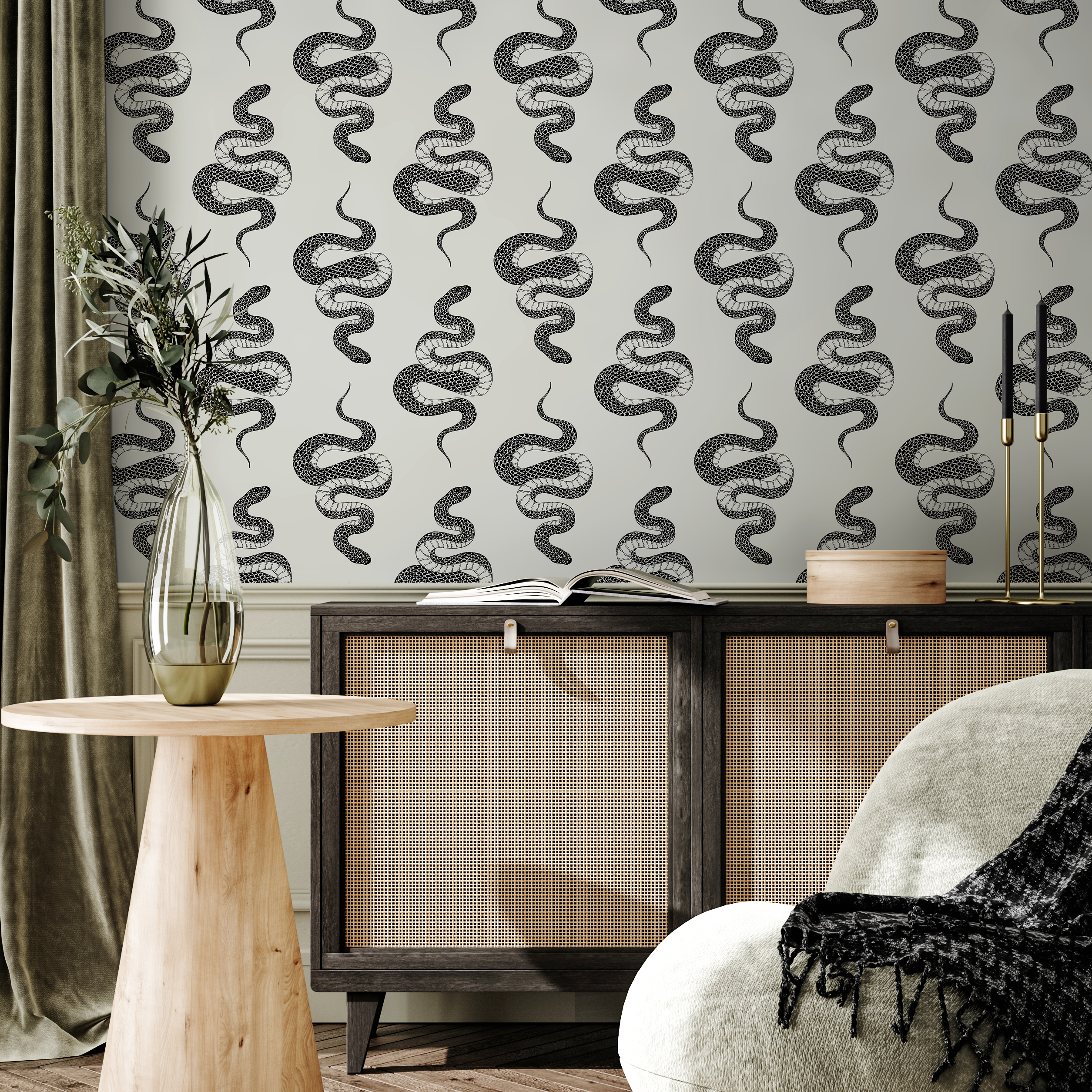 Animal Wallpaper With A Detailed Serpent Pattern In Black And Gray - C606