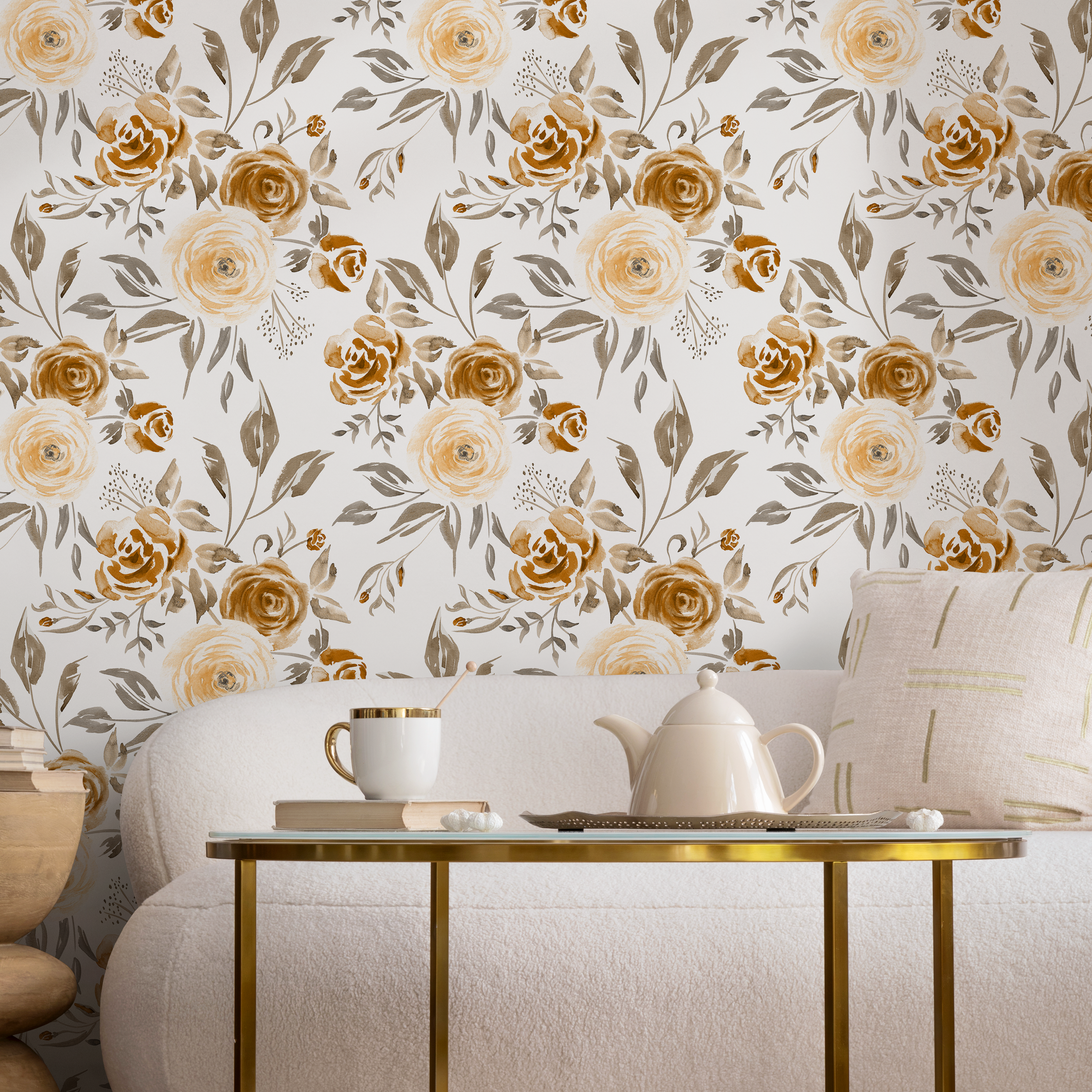 Floral Wallpaper With A Watercolor Rose Motif In Yellow, Gold, And Gray - C615