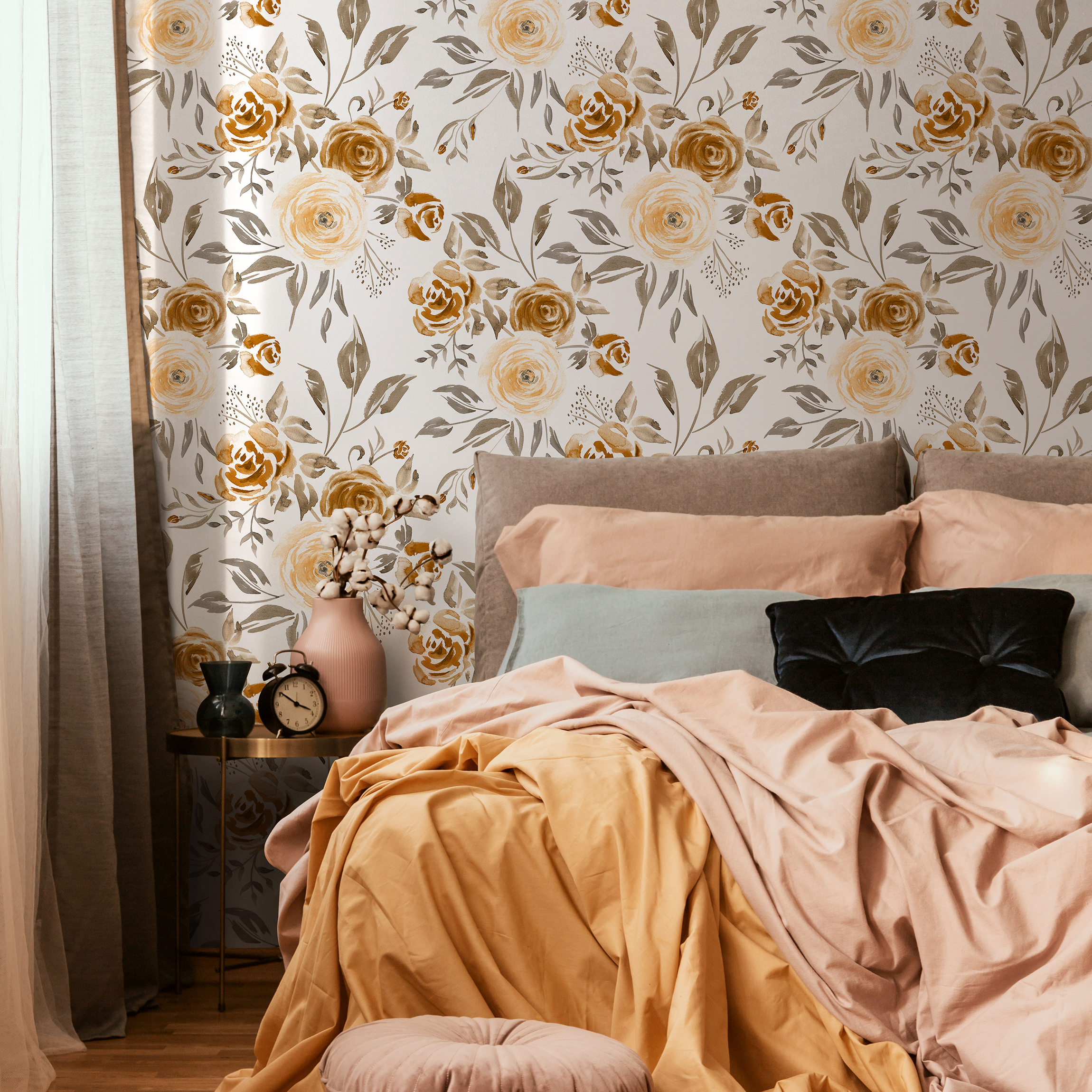 Floral Wallpaper With A Watercolor Rose Motif In Yellow, Gold, And Gray - C615