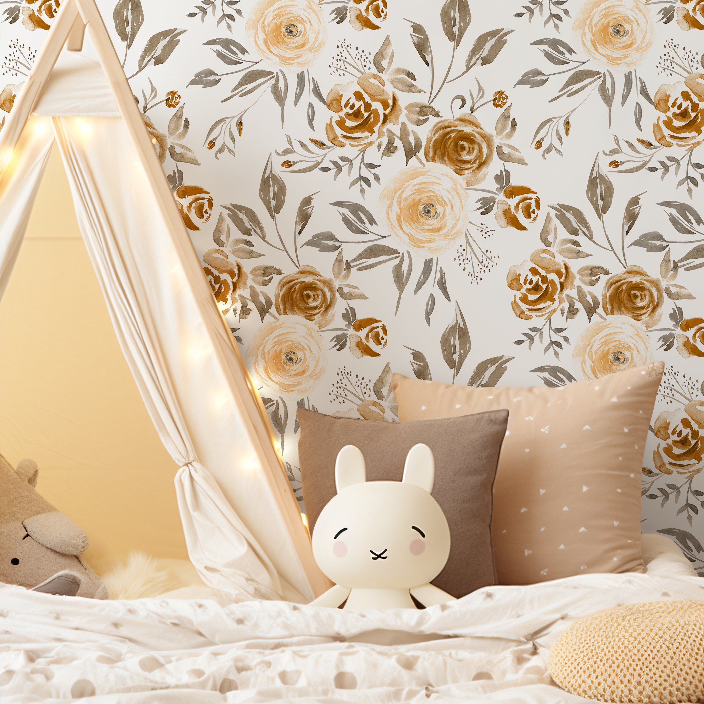 Floral Wallpaper With A Watercolor Rose Motif In Yellow, Gold, And Gray - C615