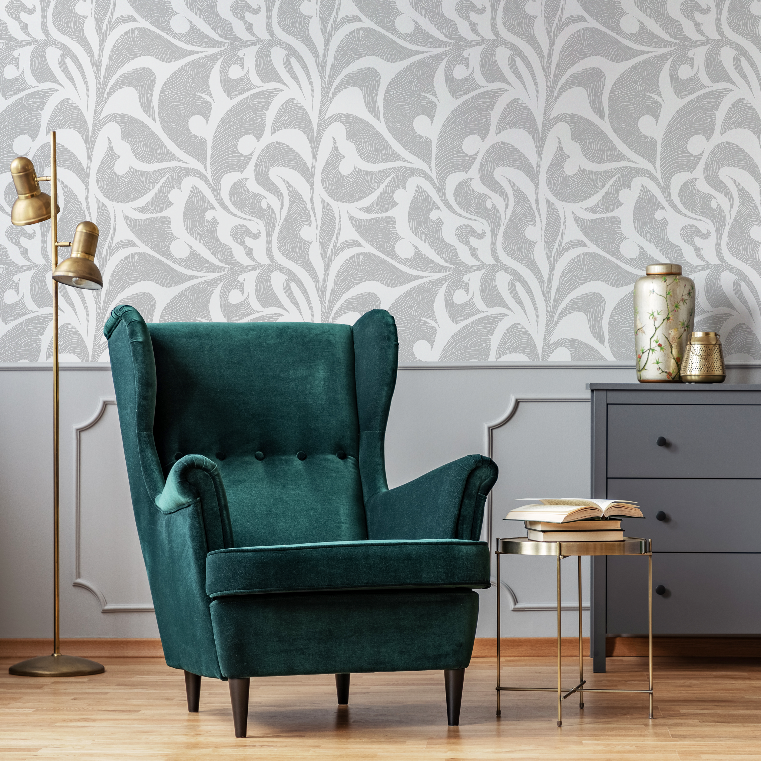 Art Nouveau Wallpaper With Swirling Abstract Foliage In Light Gray And Gray - C621