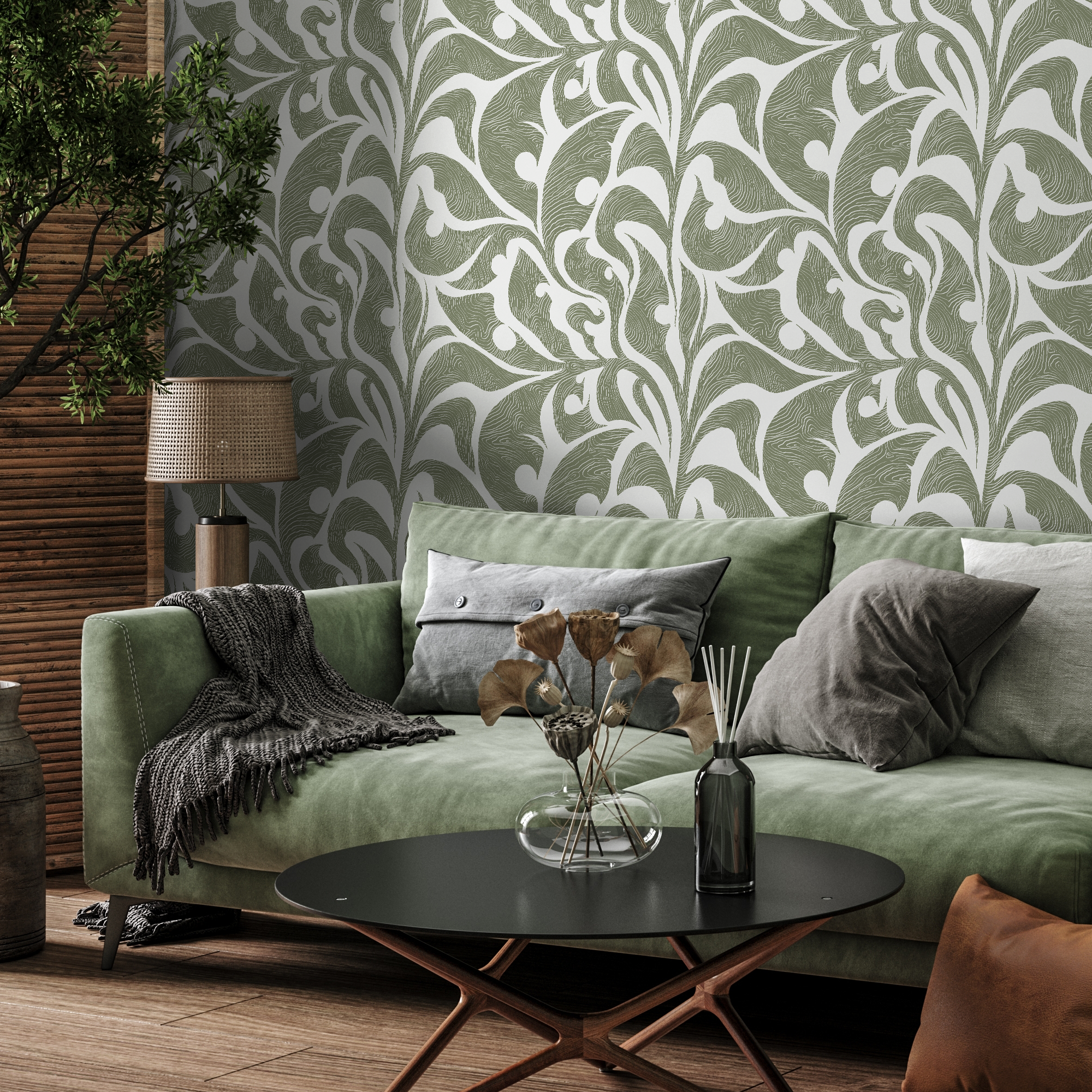 Art Nouveau Wallpaper With Swirling Leaf Motifs In Sage Green - C622