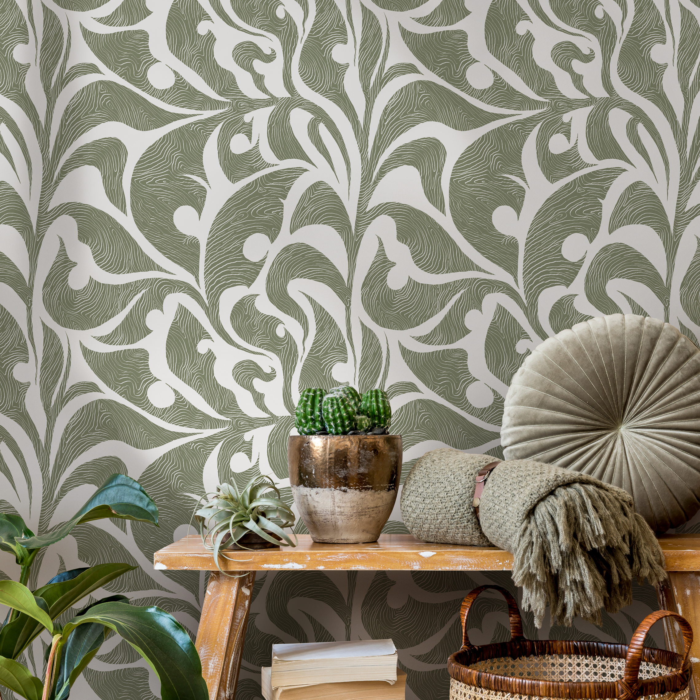 Art Nouveau Wallpaper With Swirling Leaf Motifs In Sage Green - C622
