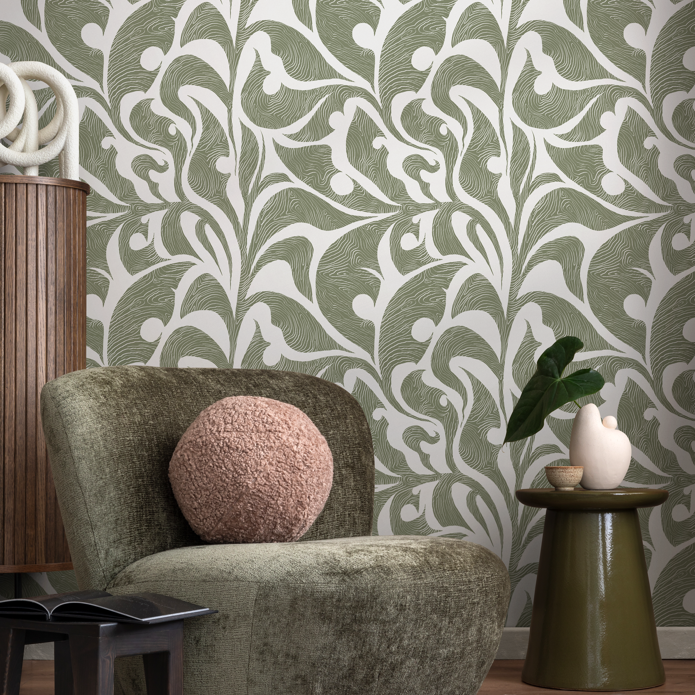 Art Nouveau Wallpaper With Swirling Leaf Motifs In Sage Green - C622