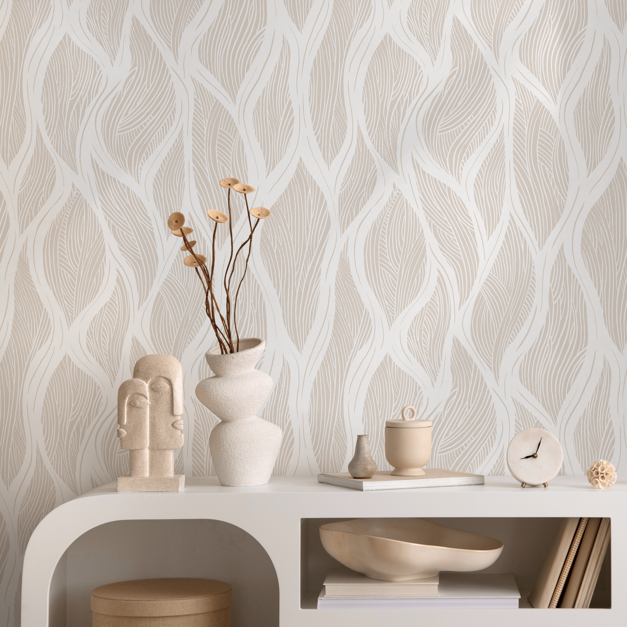 Abstract Wallpaper With Wavy Leaf Motifs In Beige And Off-white - C627