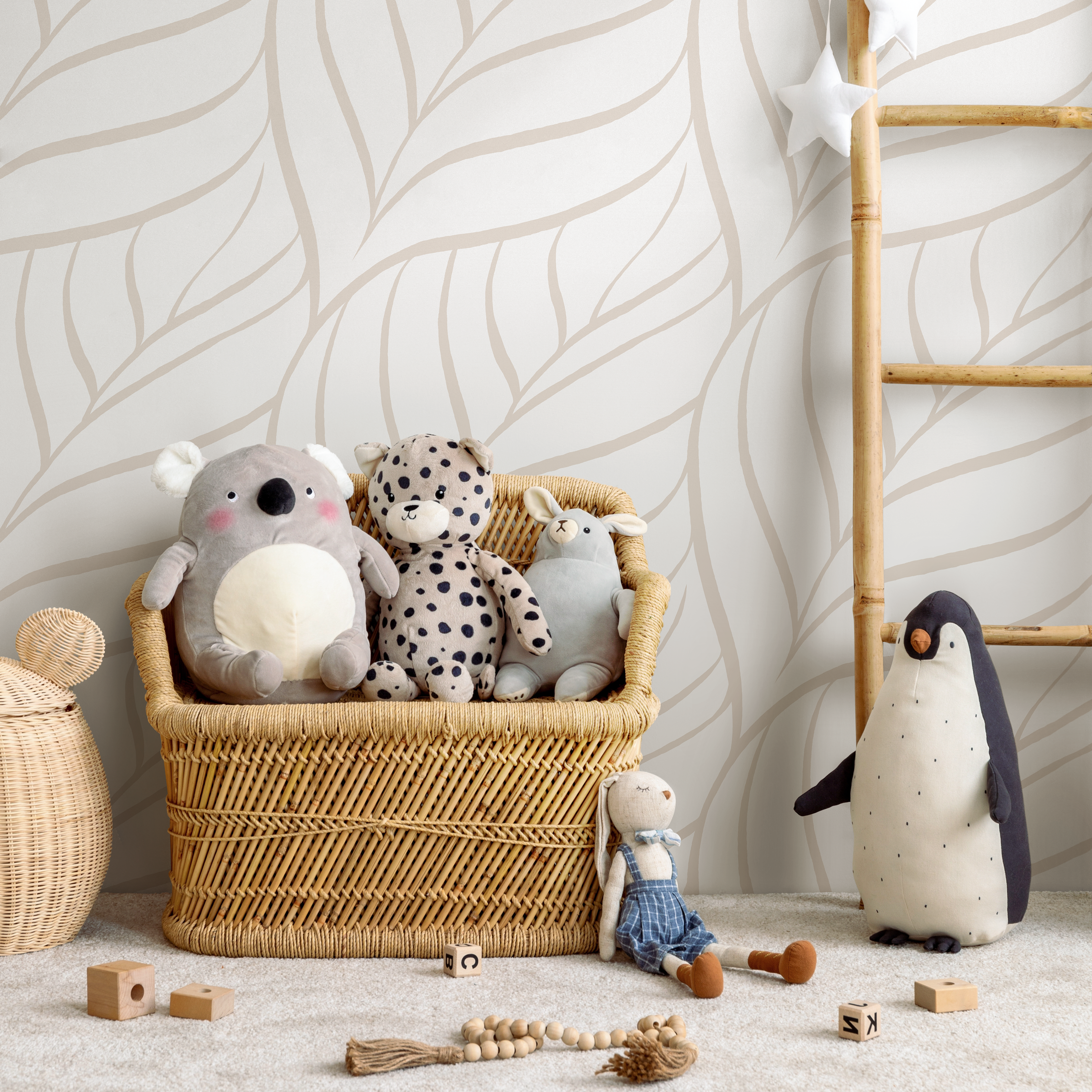 Botanical Wallpaper Featuring A Minimalist Wavy Leaf Motif In Beige - C638