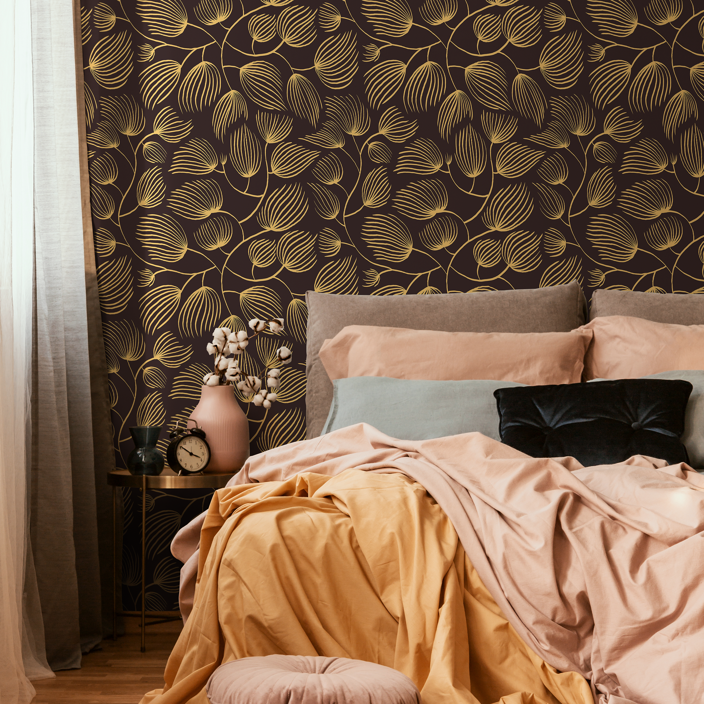 Floral Wallpaper With A Stylized Leaf Motif In Yellow And Brown - C639
