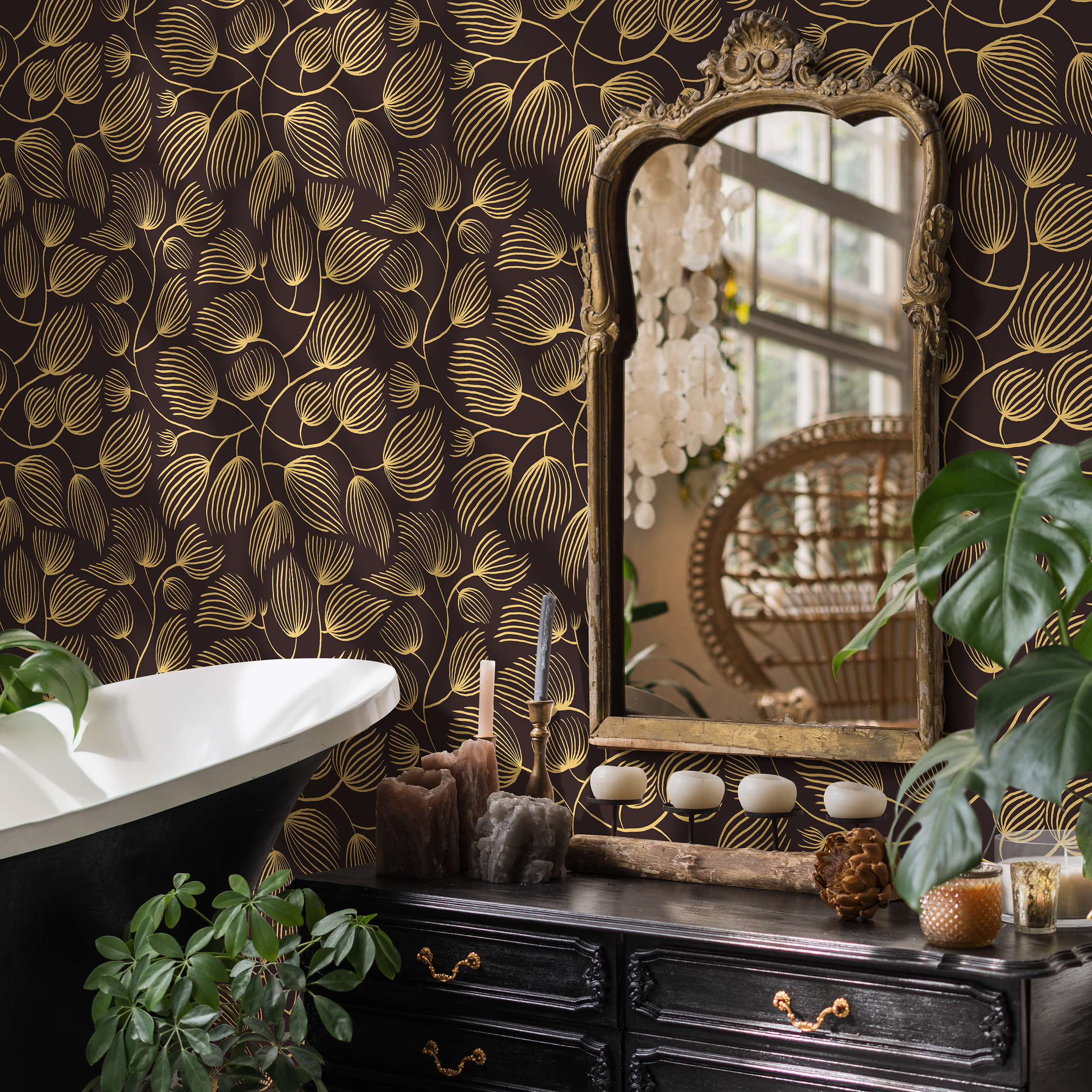 Floral Wallpaper With A Stylized Leaf Motif In Yellow And Brown - C639