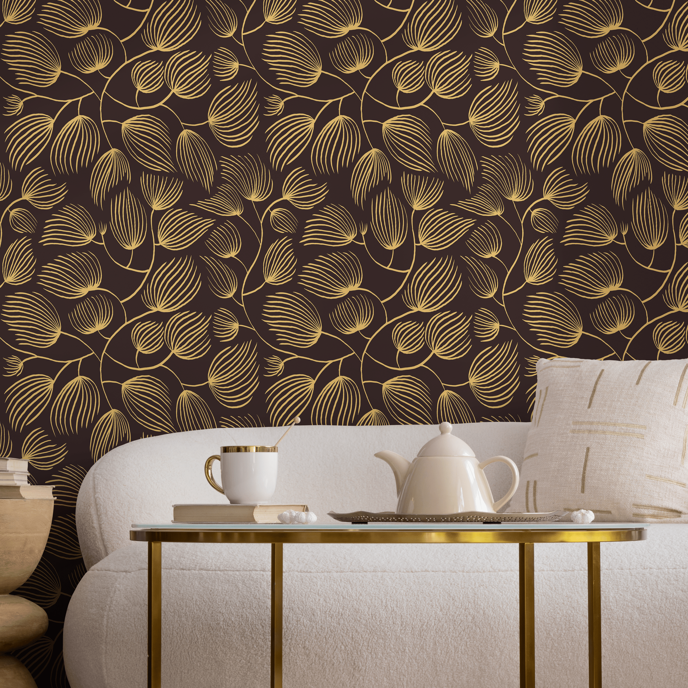Floral Wallpaper With A Stylized Leaf Motif In Yellow And Brown - C639