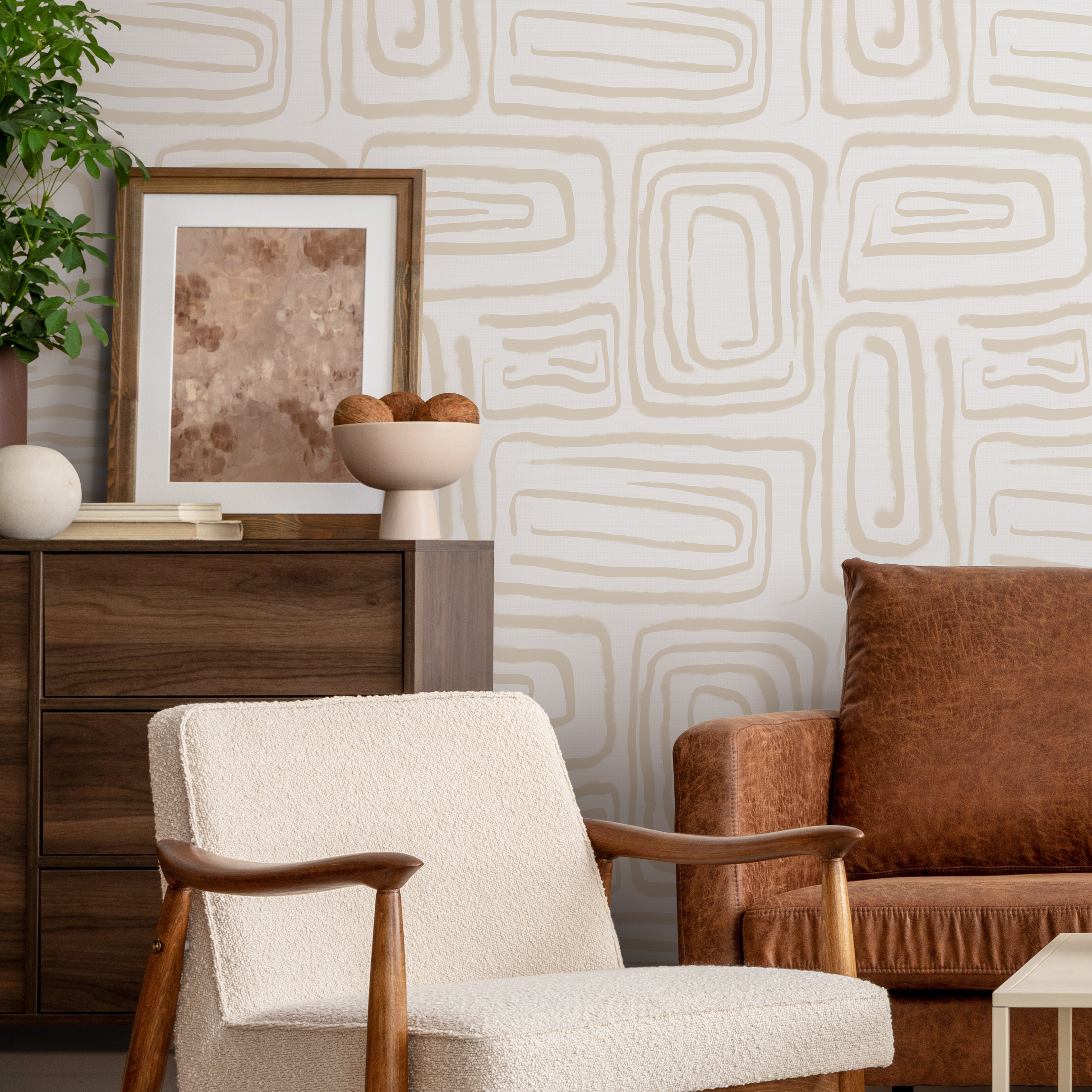 Abstract Wallpaper With A Brush Stroke Labyrinth In Beige - C641