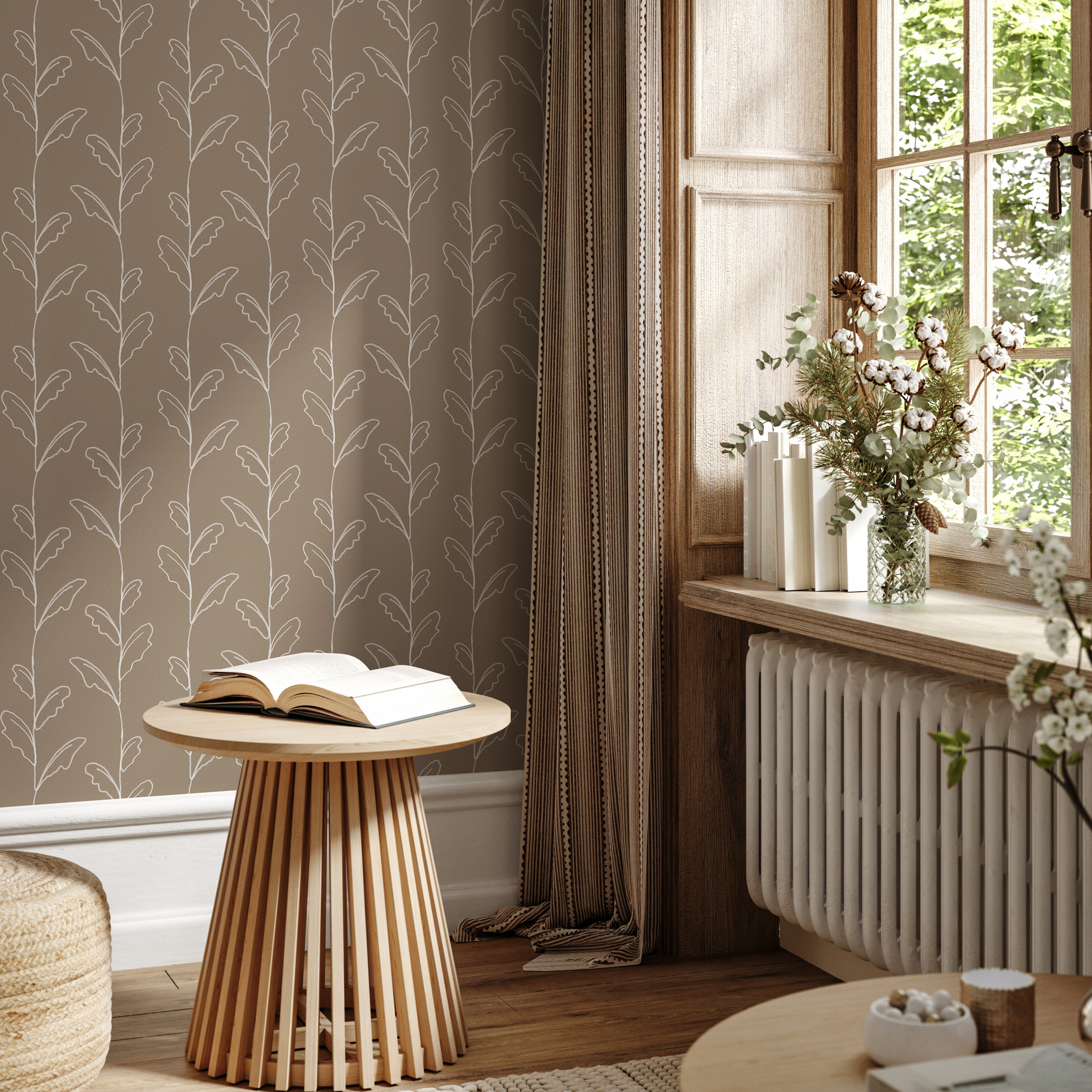Botanical Wallpaper With Sketched Leaf Vines In Beige And White - C643