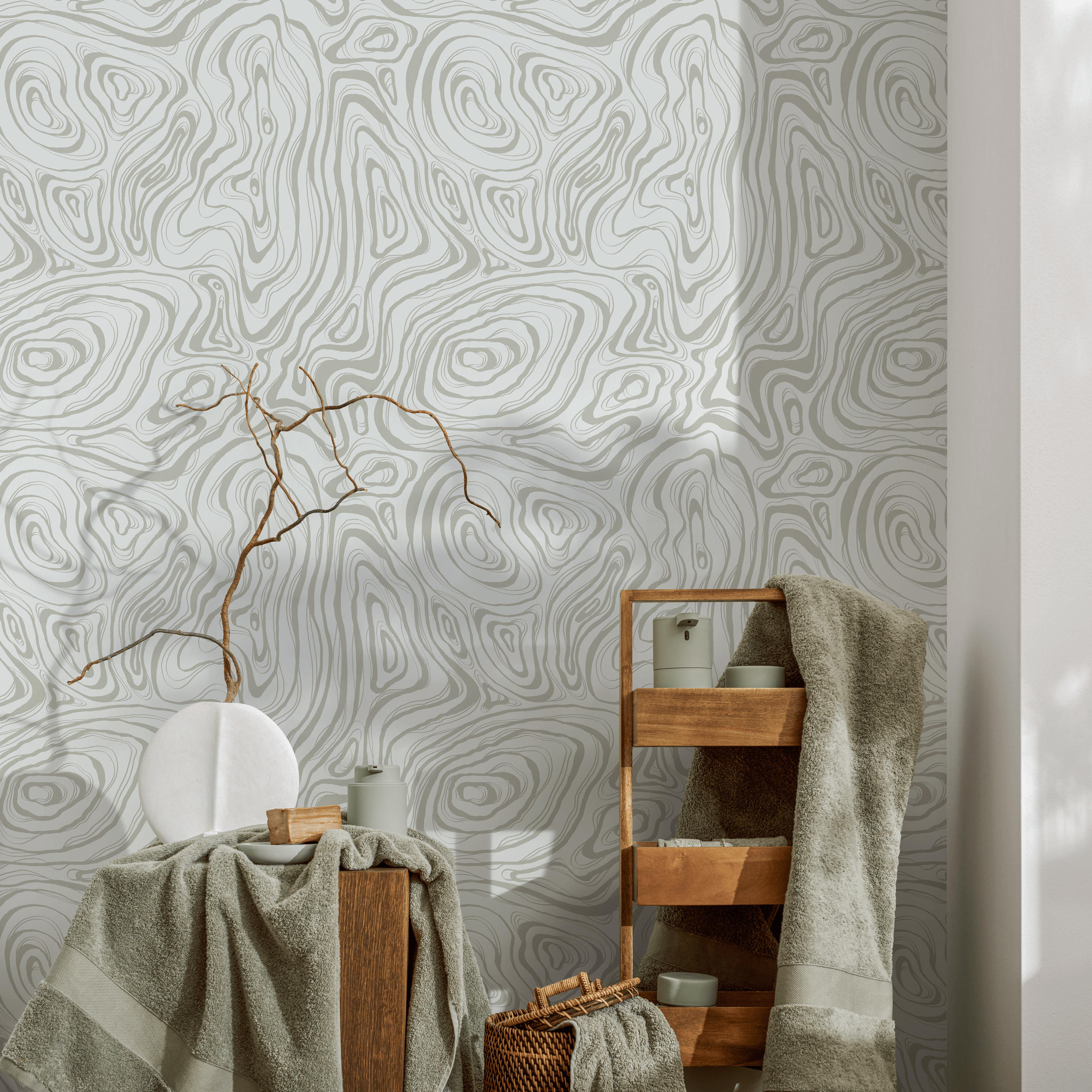 Abstract Wallpaper With Flowing Topographic Lines In Gray And Taupe - C645