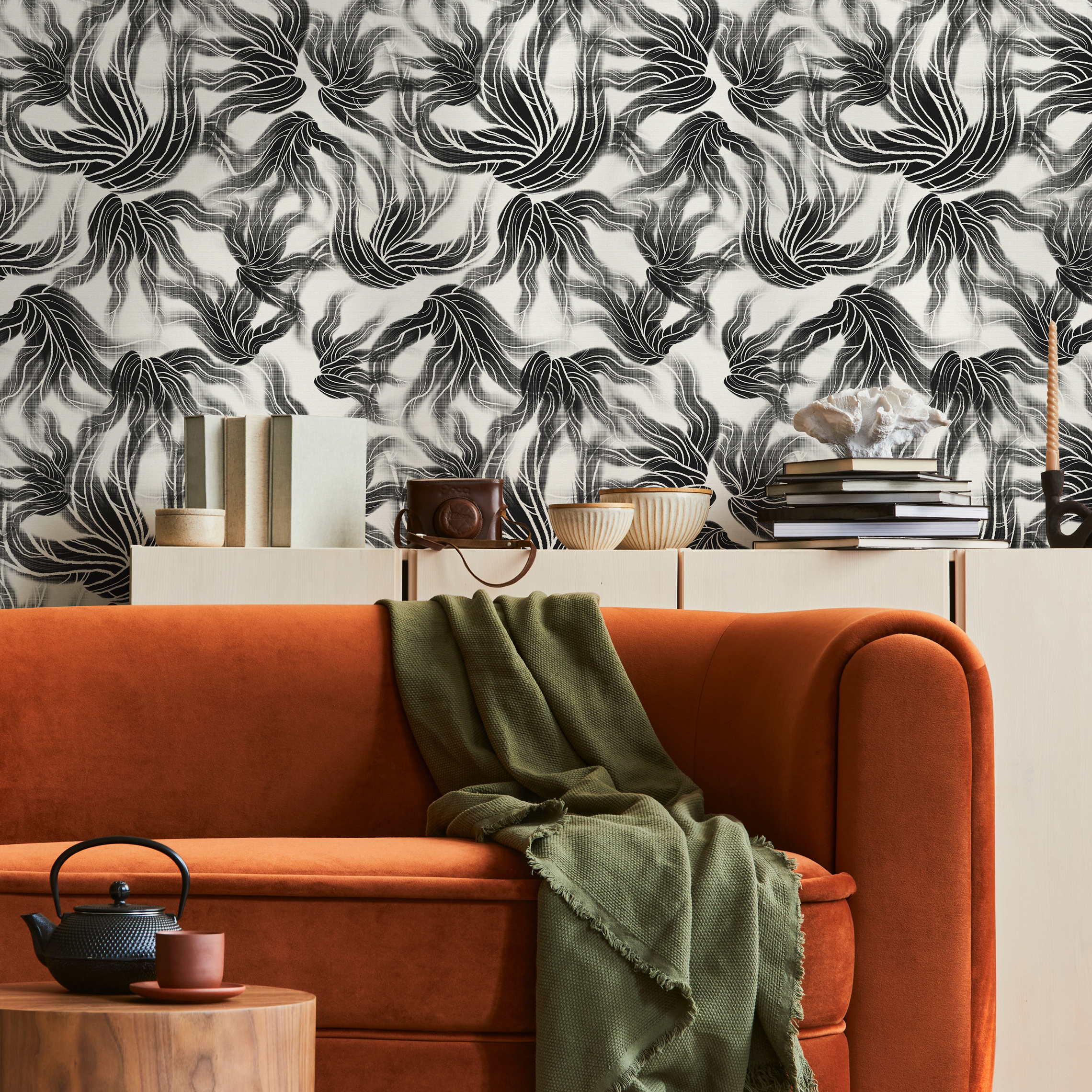 Abstract Wallpaper With Flowing Organic Lines In Black And White - C648